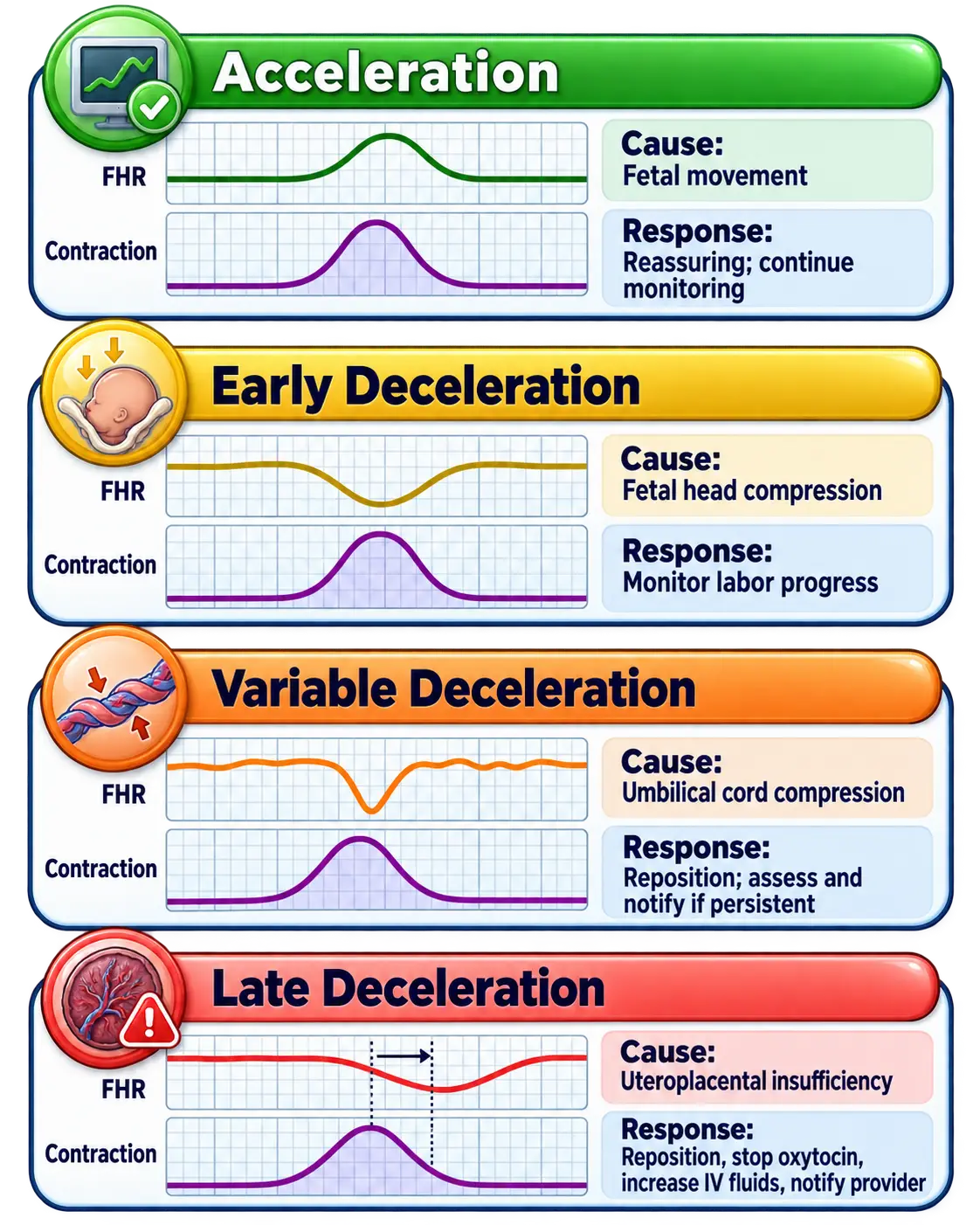 Four FHR-contraction patterns: Acceleration peaks with contraction, caused by fetal movement, reassuring. Early deceleration mirrors contraction, caused by head compression, monitor labor. Variable deceleration dips abruptly, caused by cord compression, reposition and assess. Late deceleration dips after contraction peak, caused by uteroplacental insufficiency, reposition, stop oxytocin, increase IV fluids, notify provider.