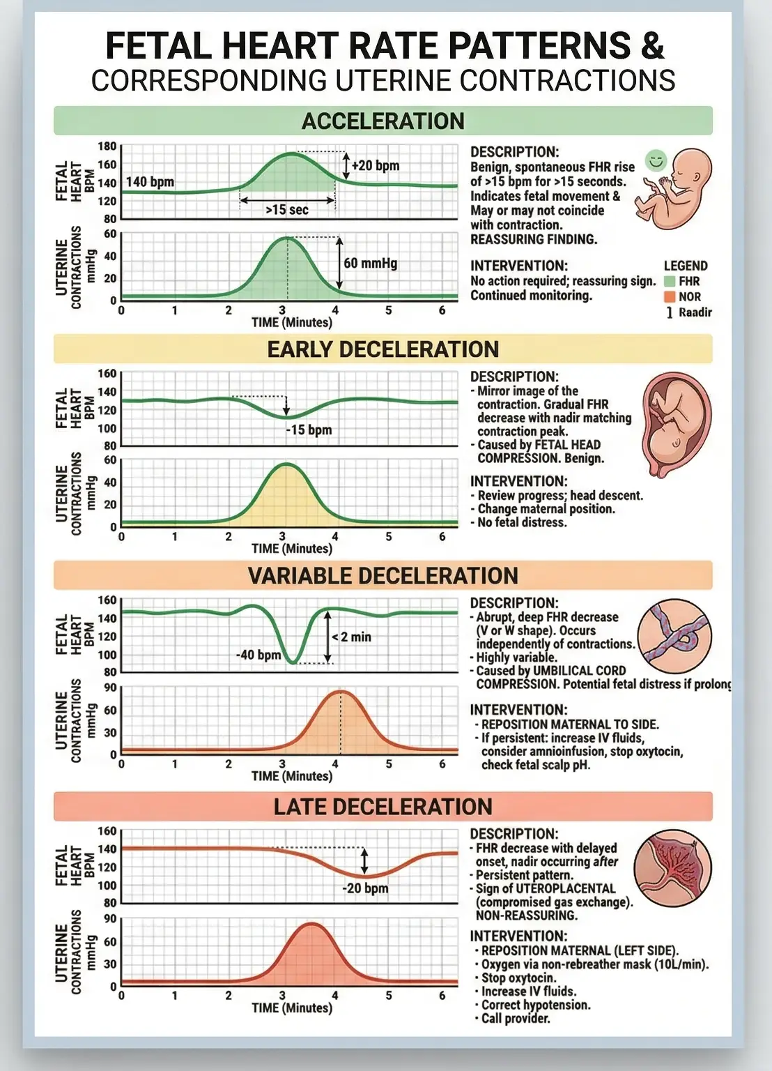 Acceleration and deceleration of fetal heart rates and implication