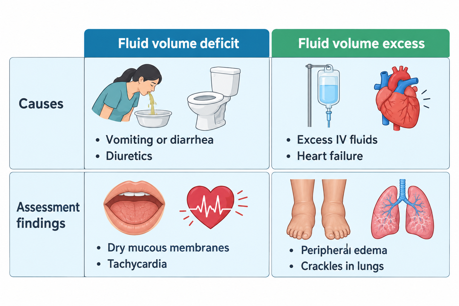 A four-quadrant comparison chart contrasting fluid volume deficit and fluid volume excess. Left column (fluid volume deficit): causes shown as a person vomiting into a basin and a toilet, with text 'Vomiting or diarrhea' and 'Diuretics'; assessment findings shown as a dry mouth/tongue and a heart with a rapid pulse trace, labeled 'Dry mucous membranes' and 'Tachycardia'. Right column (fluid volume excess): causes shown as an IV fluid bag and an enlarged heart, labeled 'Excess IV fluids' and 'Heart failure'; assessment findings shown as swollen feet and lungs, labeled 'Peripheral edema' and 'Crackles in lungs'.
