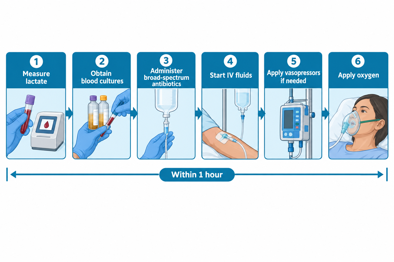 A six-panel horizontal timeline illustrating the hour-1 sepsis bundle: 1) a gloved hand holding a blood-filled vial next to a point-of-care lactate meter, 2) a gloved hand holding two culture bottles and a blood sample tube, 3) a gloved hand holding an IV bag and tubing labeled for broad-spectrum antibiotics, 4) an IV fluid bag connected via tubing to a catheter in a patient's forearm, 5) an infusion pump mounted on an IV pole for vasopressor administration, and 6) a patient in bed wearing an oxygen mask. A horizontal double-arrow banner beneath all six panels reads 'Within 1 hour.'