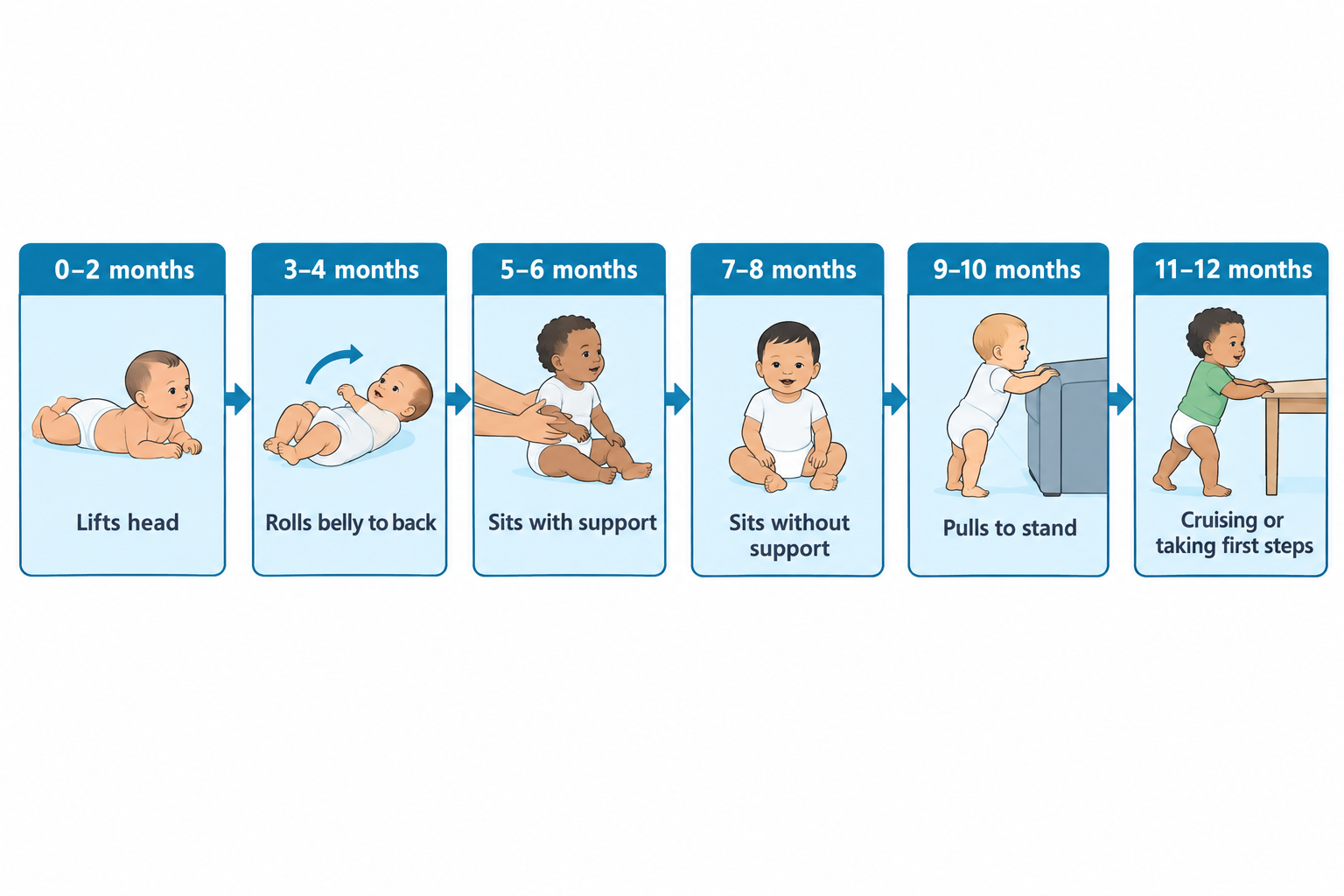 A six-panel timeline of infant motor milestones: 0-2 months, an infant lying prone lifts its head; 3-4 months, an infant rolls from belly to back; 5-6 months, an infant sits upright supported by adult hands; 7-8 months, an infant sits independently; 9-10 months, an infant pulls itself up to stand while holding a low piece of furniture; 11-12 months, a toddler cruises while holding onto a table edge.