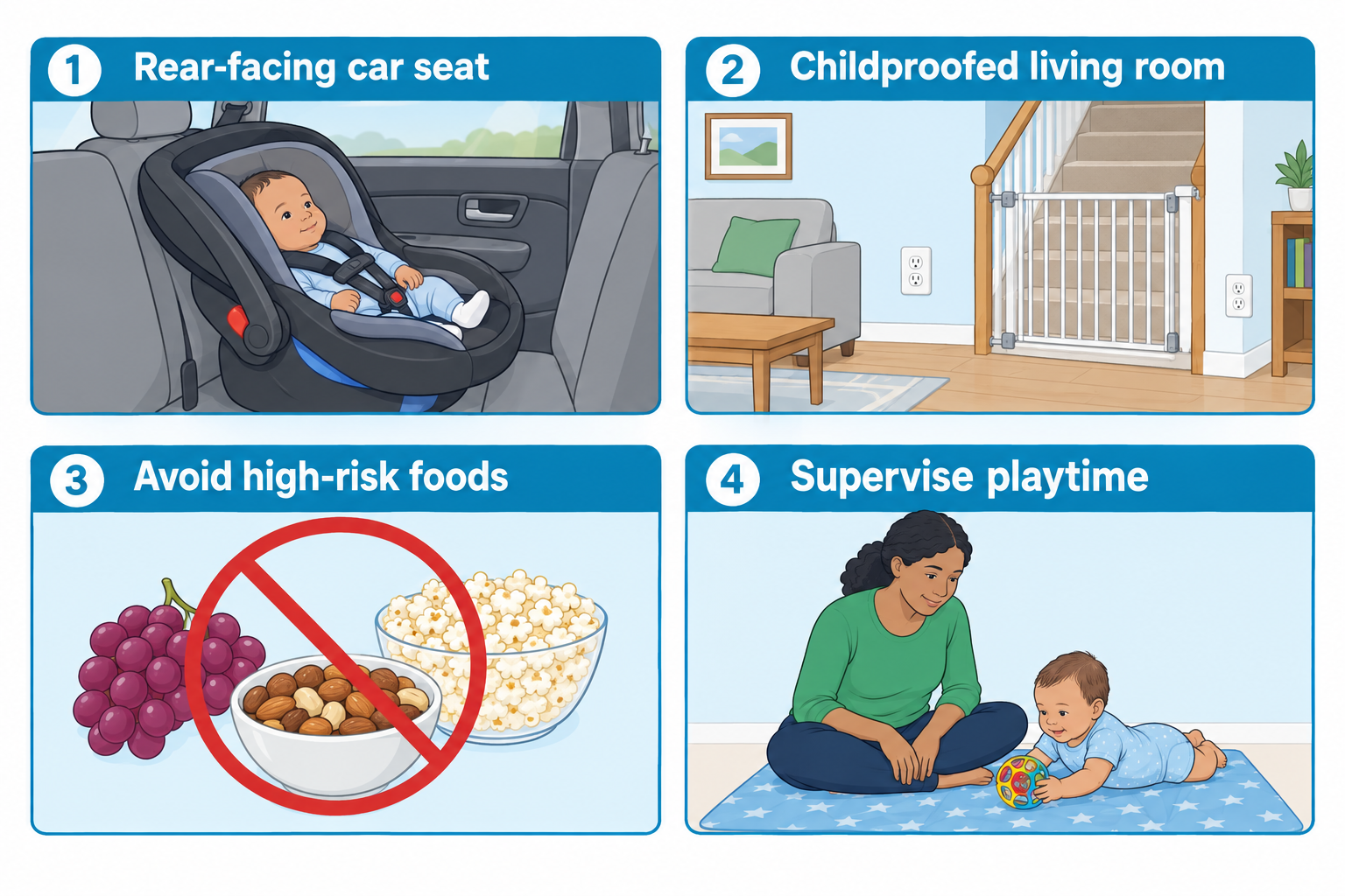 A four-panel infographic on infant safety: (1) an infant secured in a rear-facing car seat in the back seat of a vehicle; (2) a childproofed living room showing an installed stair safety gate and covered electrical outlets; (3) a bowl of grapes, a bowl of nuts, and a bowl of popcorn marked with a red no-entry symbol to indicate choking hazards; (4) a caregiver sitting on a mat closely supervising an infant on their tummy playing with a rattle ball.