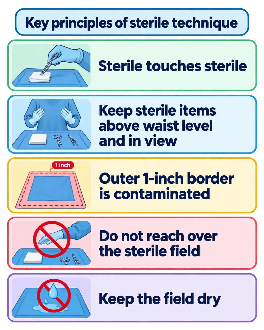 Five key principles of sterile technique: sterile touches sterile, keep sterile items above waist level and in view, the outer 1-inch border of the sterile field is contaminated, do not reach over the sterile field, and keep the field dry.