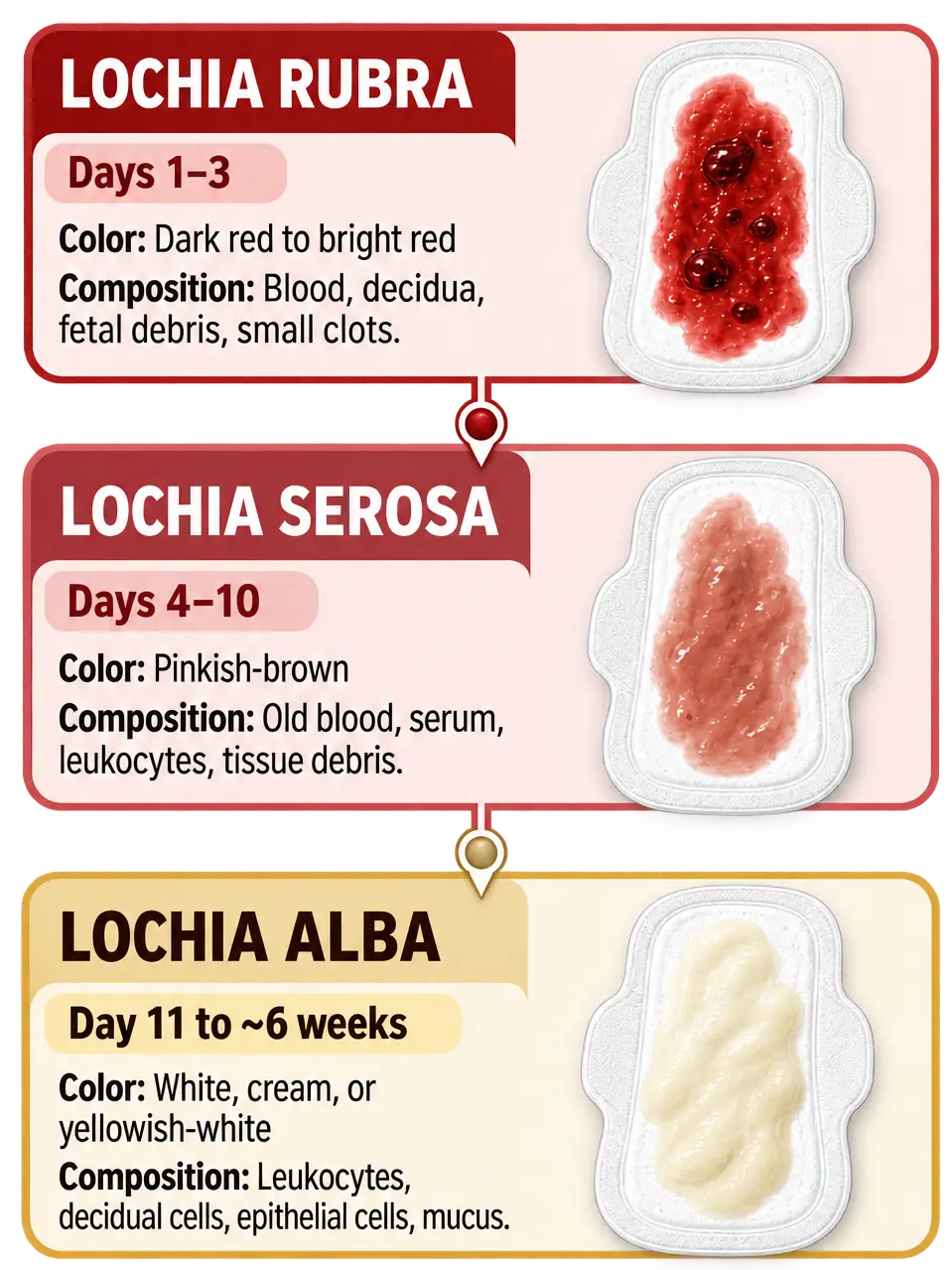 Three stages of postpartum lochia: Rubra (days 1-3) is dark to bright red with blood, decidua, fetal debris and small clots; Serosa (days 4-10) is pinkish-brown with old blood, serum, leukocytes and tissue debris; Alba (day 11 to about 6 weeks) is white, cream or yellowish-white with leukocytes, decidual cells, epithelial cells and mucus.