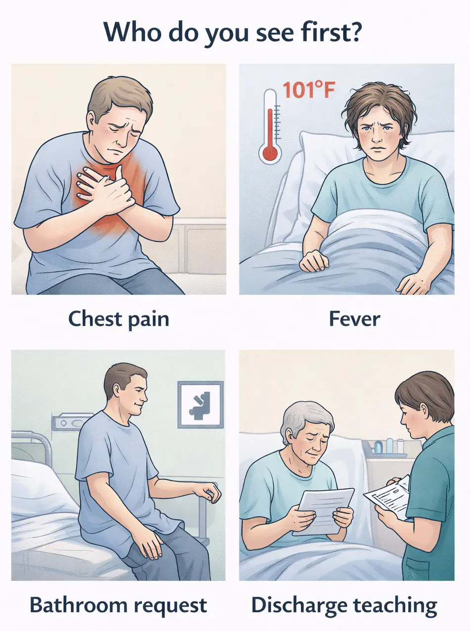 A pictogram showing 4 patients scenarios piquing determinaiton of priority 