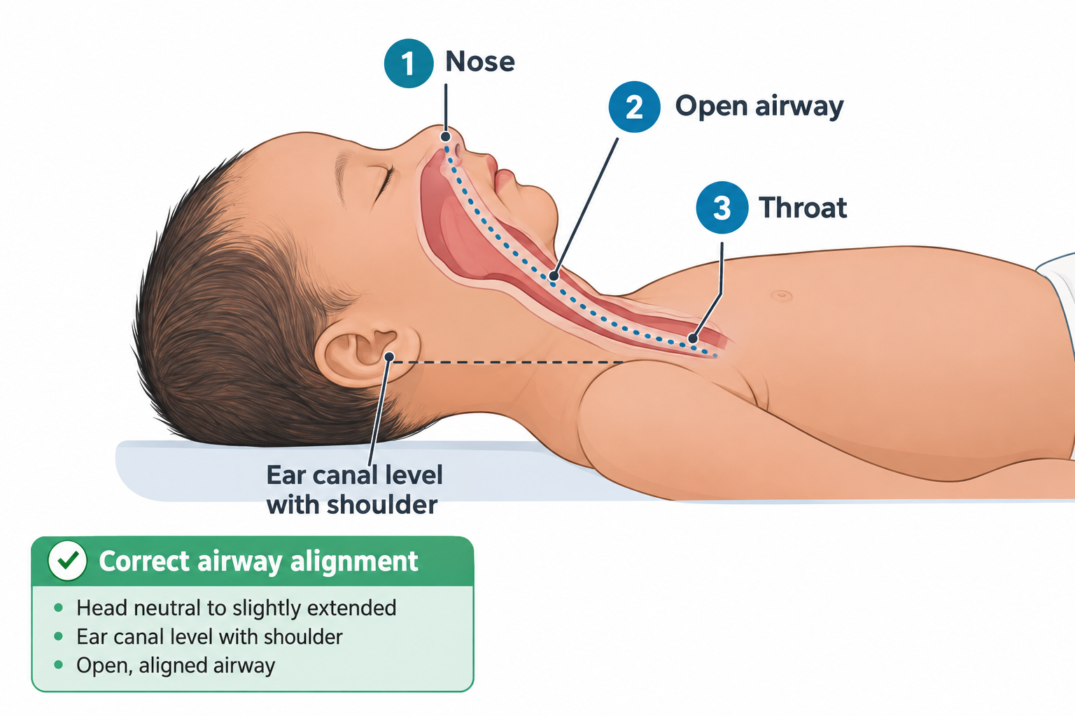 Side view of a newborn lying supine with the head in a neutral, slightly extended sniffing position. Labels indicate the nose, an open airway path (dotted line) running from the nose through the pharynx to the throat, and note that the ear canal is level with the shoulder. A green callout box lists key points: head neutral to slightly extended, ear canal level with shoulder, and open, aligned airway.