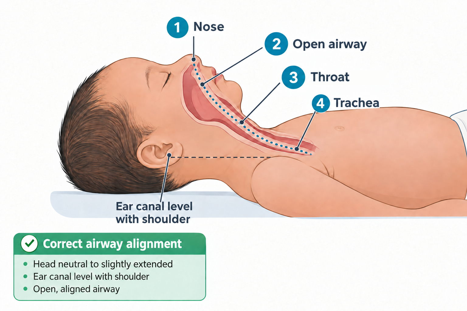 A newborn lies supine with the head in a neutral, slightly extended position. Numbered callouts label the nose (1), open airway/mouth (2), throat (3), and trachea (4), with a dotted line tracing the air passage from the nostril through the pharynx into the chest. A dashed line shows the ear canal aligned level with the shoulder. A green box below lists the key alignment points: head neutral to slightly extended, ear canal level with shoulder, and open, aligned airway.