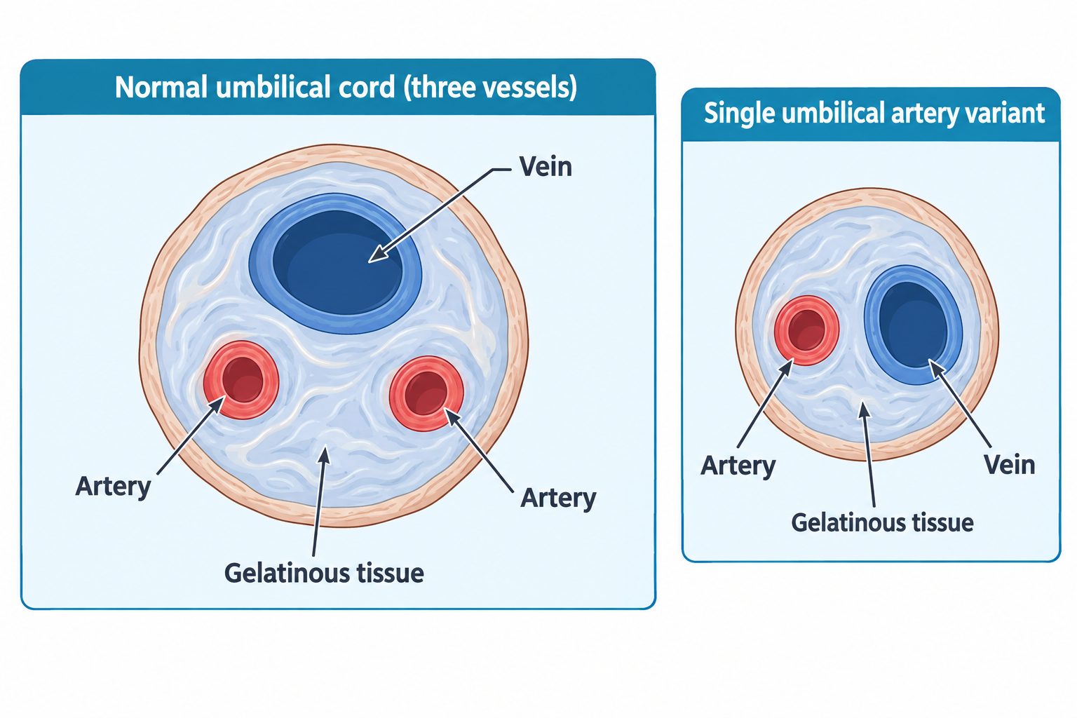 Two labeled cross-sections of umbilical cord tissue. The left panel, 'Normal umbilical cord (three vessels)', shows a thick-walled vein and two smaller thick-walled arteries embedded in gelatinous tissue (Wharton's jelly). The right panel, 'Single umbilical artery variant', shows only one artery alongside the vein, illustrating the abnormal two-vessel cord.