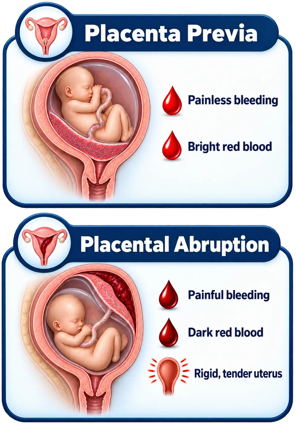 Placenta previa, showing the placenta covering the cervix, causes painless bright red bleeding. Placental abruption, showing the placenta separating from the uterine wall with bleeding behind it, causes painful bleeding with dark red blood and a rigid, tender uterus.