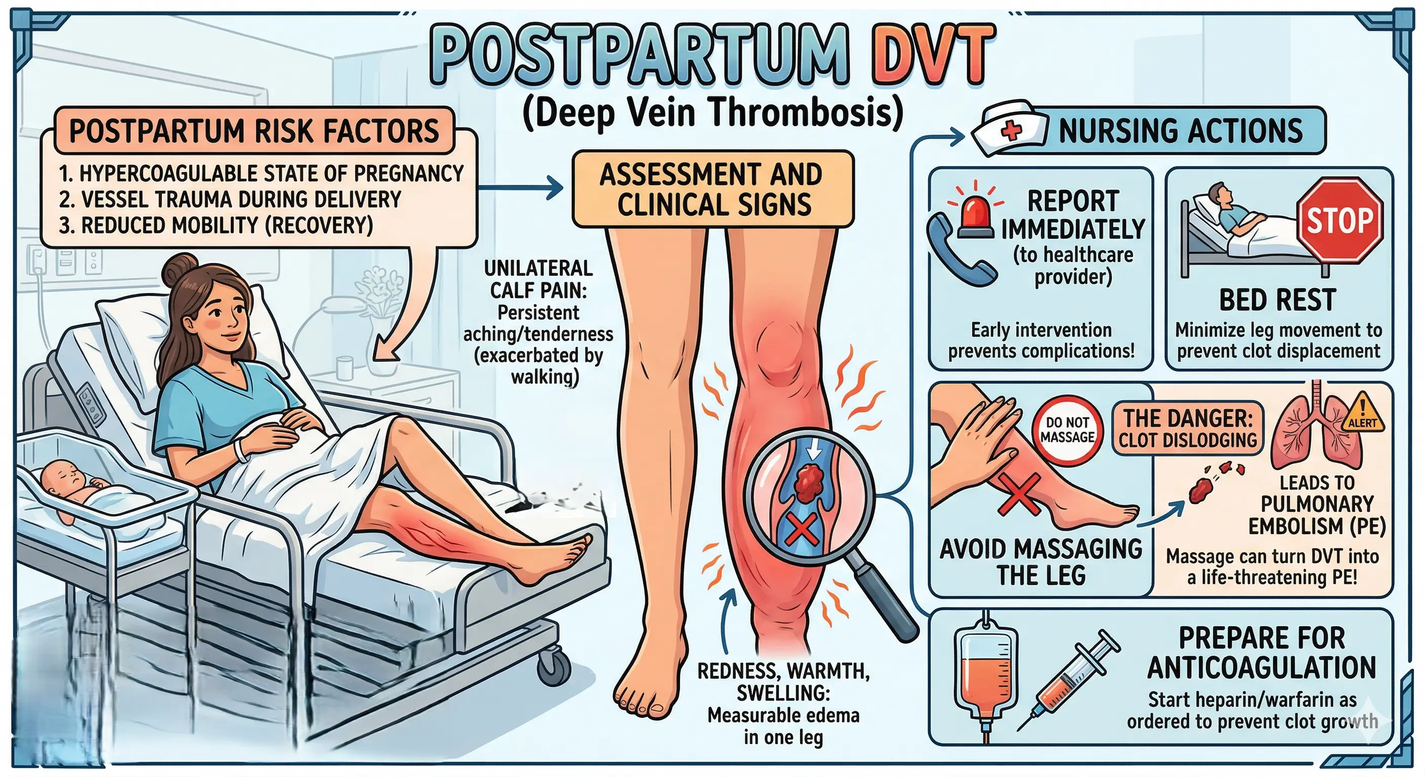 Signs of deep vein thrombosis in woman after child birth