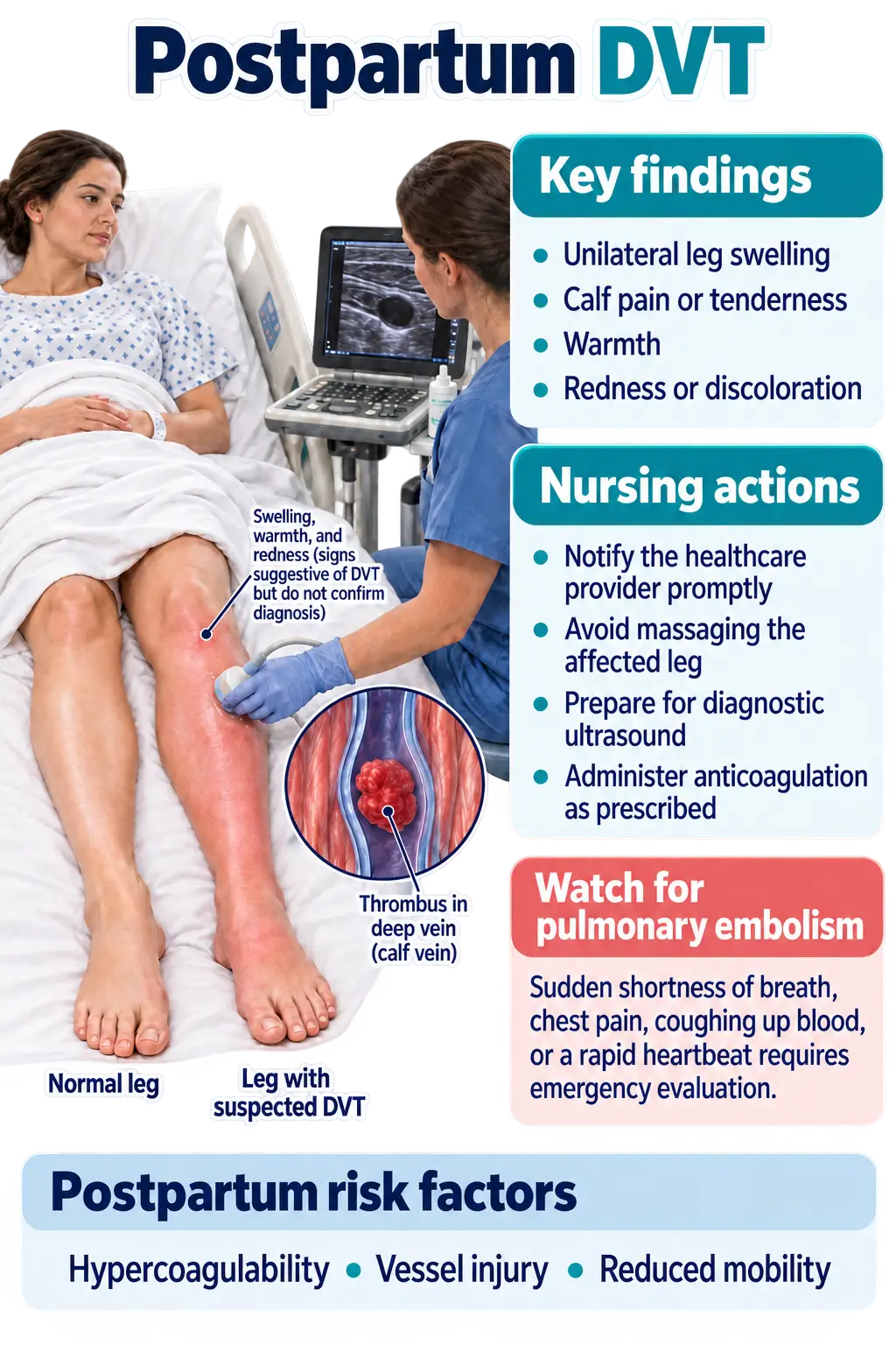 Postpartum DVT infographic showing a nurse ultrasounding a swollen, red, warm leg with a calf vein thrombus inset, next to a normal leg. Key findings: unilateral leg swelling, calf pain or tenderness, warmth, redness. Nursing actions: notify provider promptly, avoid massaging the leg, prepare for diagnostic ultrasound, administer anticoagulation as prescribed. Watch for pulmonary embolism signs: sudden shortness of breath, chest pain, coughing up blood, rapid heartbeat requiring emergency evaluation. Postpartum risk factors: hypercoagulability, vessel injury, reduced mobility.