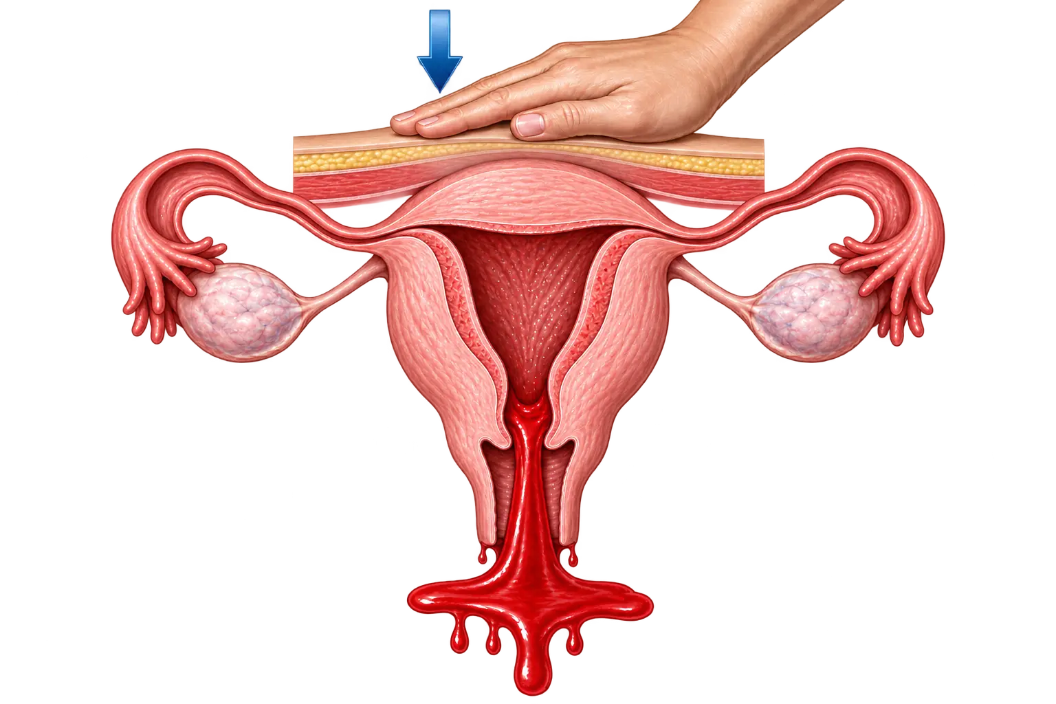 Cross-section of the uterus with ovaries and fallopian tubes, showing a hand pressing down on the abdomen above the fundus while heavy red blood flows out through the cervix and vagina, illustrating fundal massage for postpartum hemorrhage.