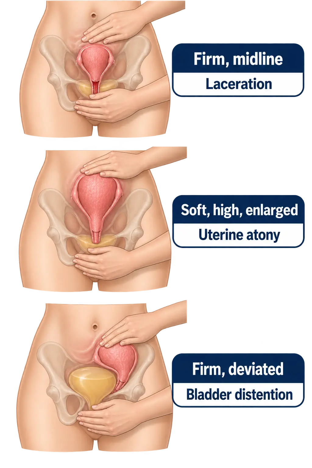 Three bimanual fundal exams and their causes: firm, midline uterus indicates laceration; soft, high, enlarged uterus indicates uterine atony; firm uterus deviated to one side with a distended bladder beside it indicates bladder distention.