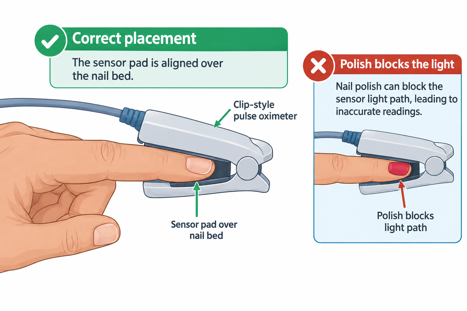 A hand with the index finger inserted into a clip-style pulse oximeter, with arrows labeling the device and showing the sensor pad aligned over the nail bed for correct placement. A second panel shows the same finger with red nail polish, with an arrow indicating that the polish blocks the sensor's light path and causes inaccurate readings.