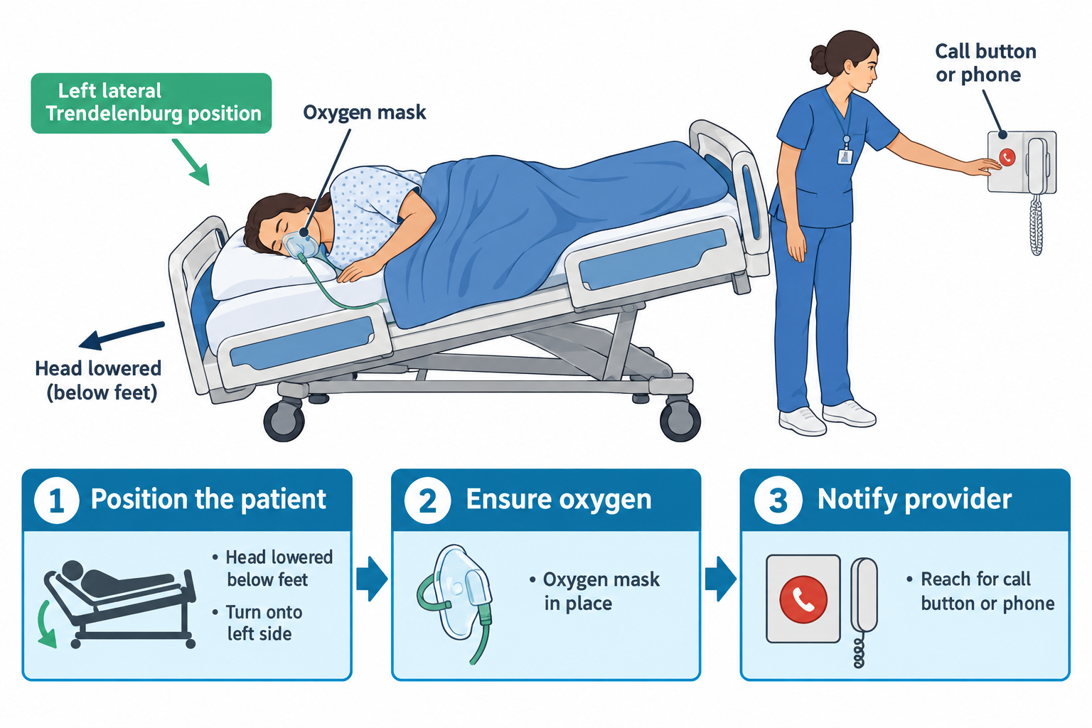 A hospital bed tilted with the head end lowered below the feet, showing a patient lying on her side wearing an oxygen mask, labeled 'Left lateral Trendelenburg position,' 'Oxygen mask,' and 'Head lowered (below feet).' Beside the bed, a nurse reaches for a wall-mounted call button/phone labeled 'Call button or phone.' Below, three numbered steps summarize the emergency response: (1) Position the patient — head lowered below feet, turn onto left side; (2) Ensure oxygen — oxygen mask in place; (3) Notify provider — reach for call button or phone.