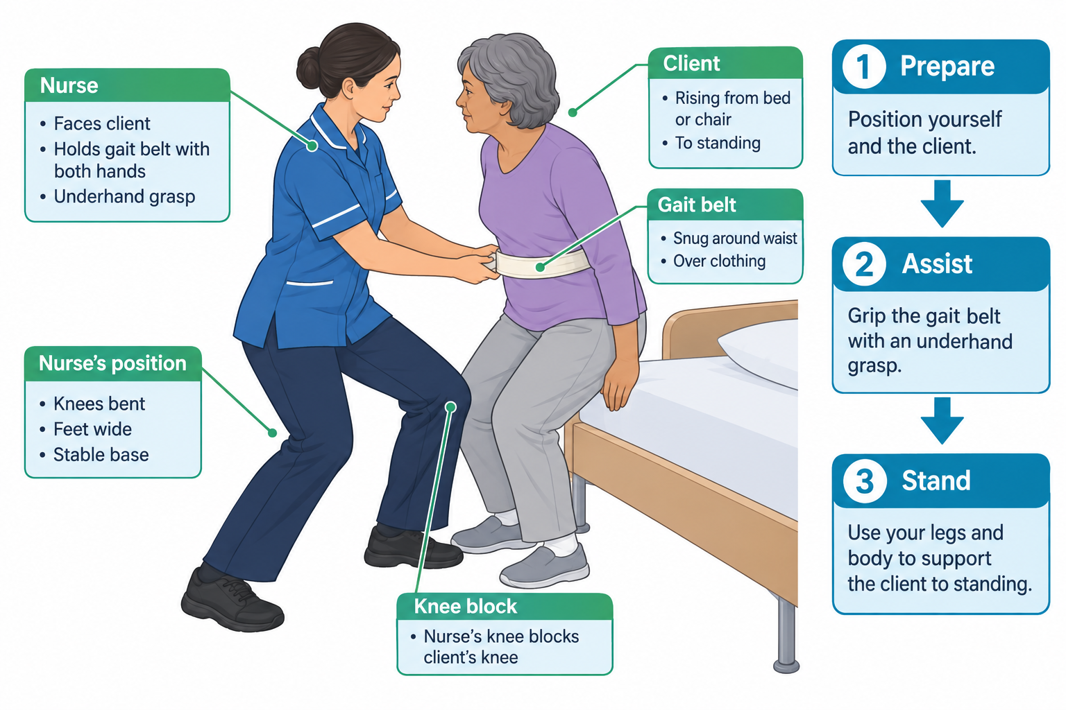 A nurse in a blue uniform stands facing a seated older woman on a hospital bed, gripping a gait belt around the woman's waist with an underhand grasp. The nurse's knees are bent, feet spread wide for a stable base, and one knee is blocking the client's knee to prevent buckling as the client rises to stand. Callout boxes label the nurse's position, grip, the gait belt placement, the knee block, and the client's action, alongside a three-step process panel: Prepare, Assist, and Stand.
