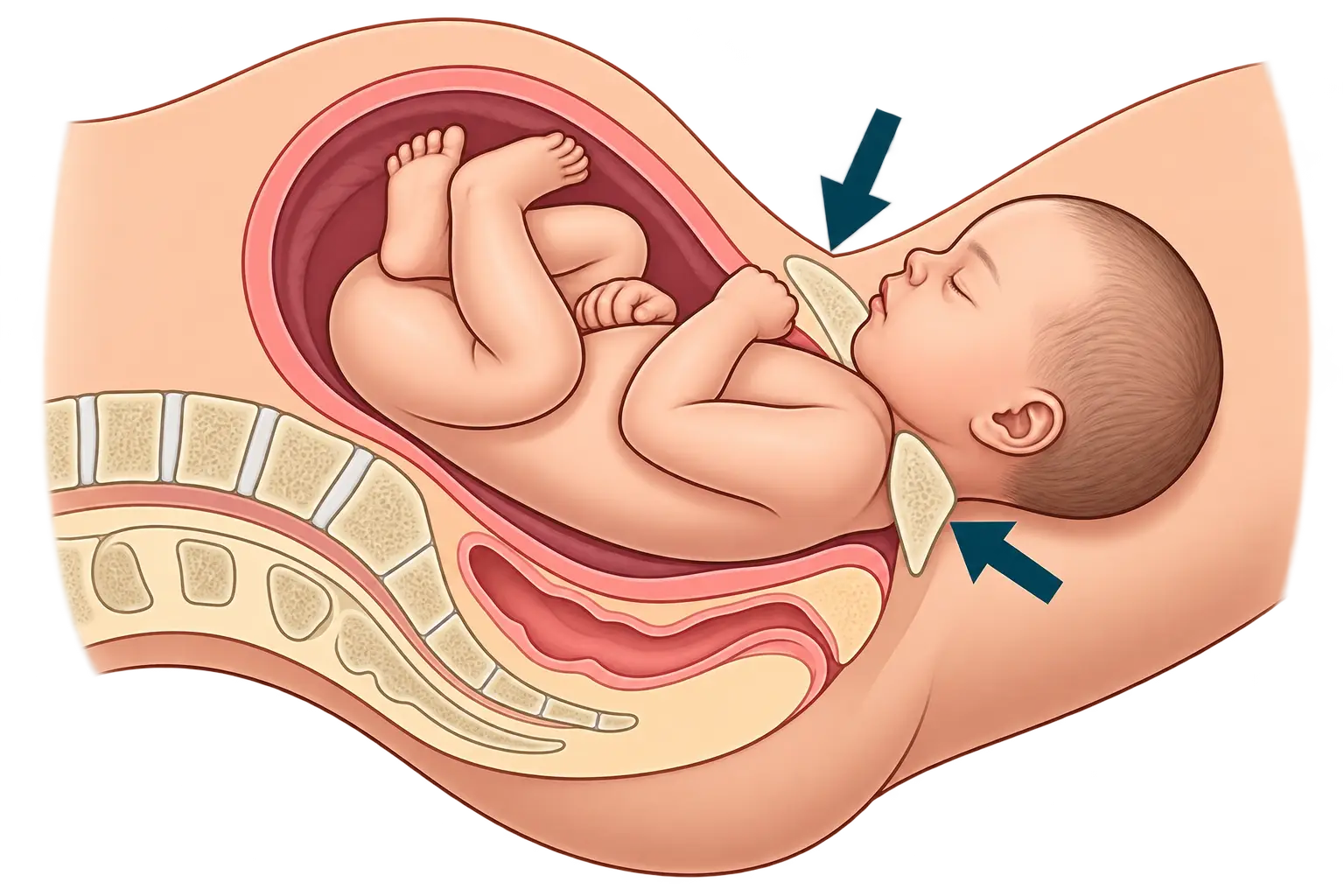 Cross-section of pelvis during birth showing the baby's head delivered but shoulders stuck behind the pubic bone, with arrows pointing to the impacted area on both sides of the neck, illustrating shoulder dystocia.