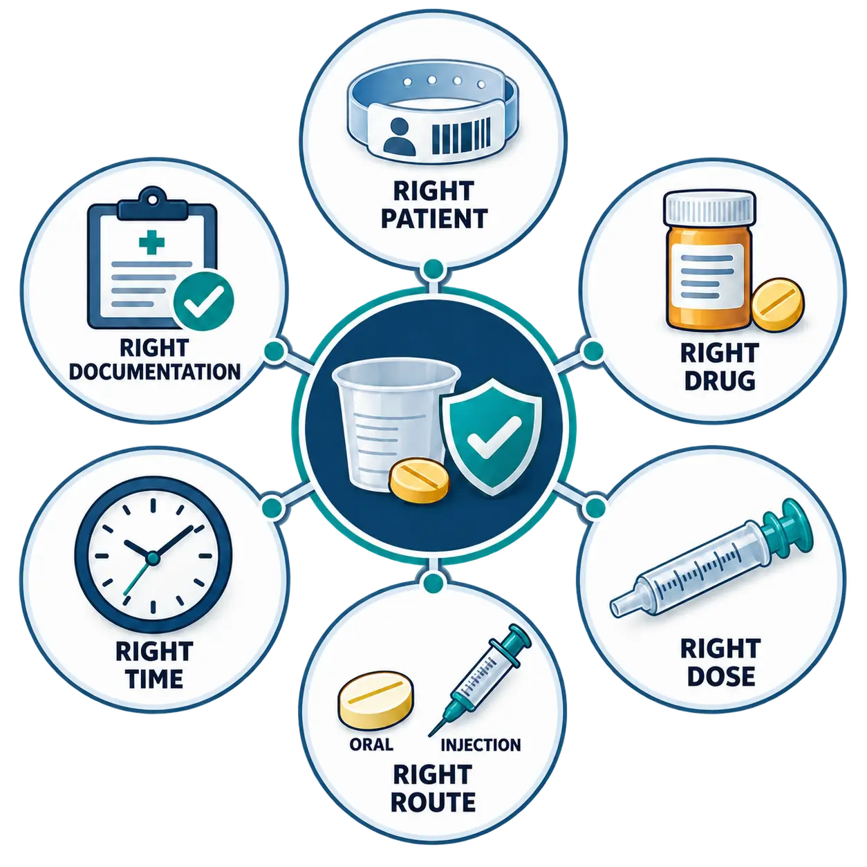 A central medication cup and shield icon connects to six surrounding circles labeled Right Patient (ID wristband), Right Drug (pill bottle), Right Dose (syringe), Right Route (pill labeled oral, syringe labeled injection), Right Time (clock), and Right Documentation (checked clipboard).
