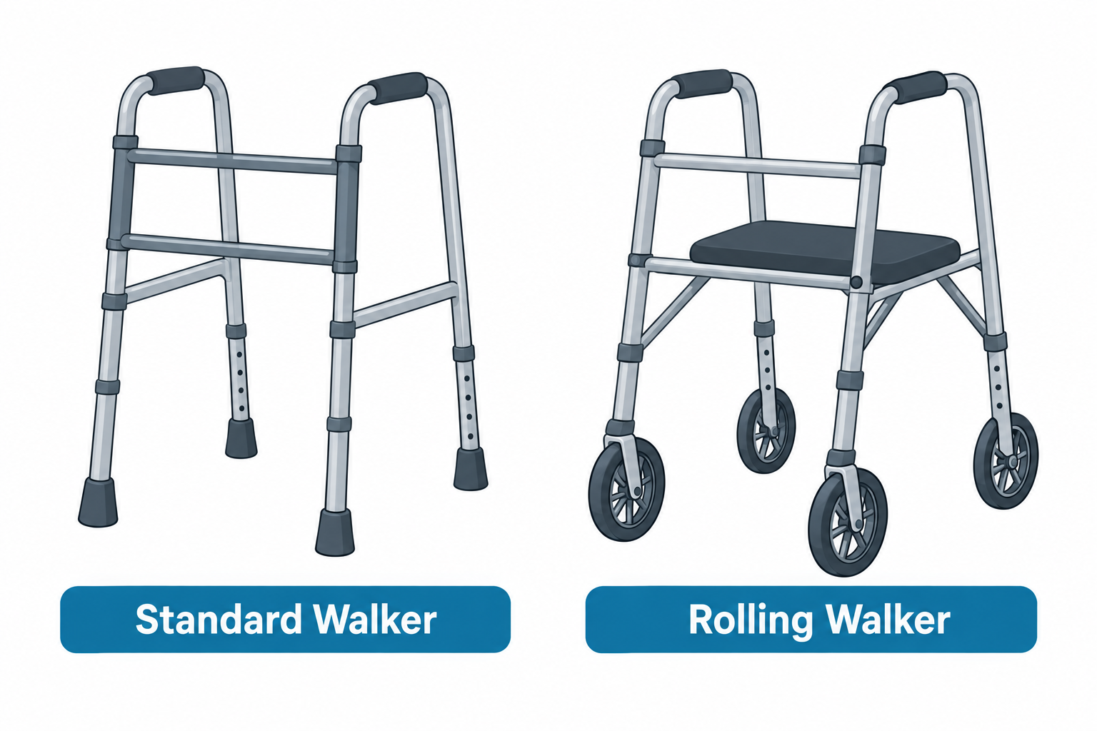 Side-by-side illustration of two mobility walkers: on the left, a standard walker with four rubber-tipped legs and no wheels, labeled 'Standard Walker'; on the right, a four-wheeled rolling walker with a padded seat between the front and back legs, labeled 'Rolling Walker'.