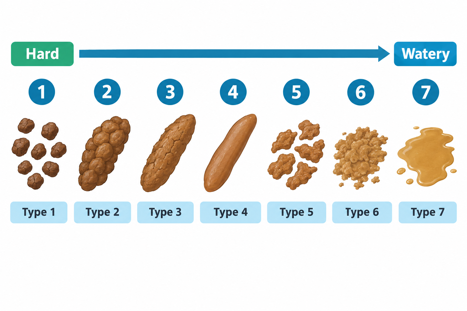 A horizontal Bristol stool chart with an arrow labeled 'Hard' on the left and 'Watery' on the right, showing seven numbered illustrations (Type 1 through Type 7): separate hard lumps, a lumpy sausage shape, a cracked sausage shape, a smooth soft sausage, soft blobs with clear edges, a mushy ragged pile, and a watery puddle with no solid pieces.