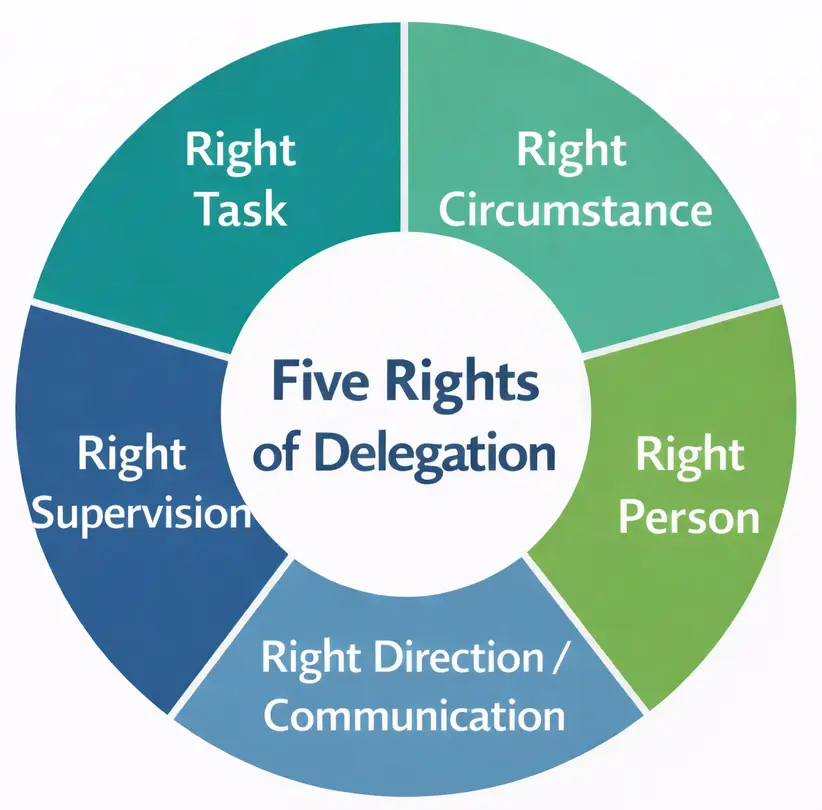 A wheel diagram showing the 5 rights of delegation