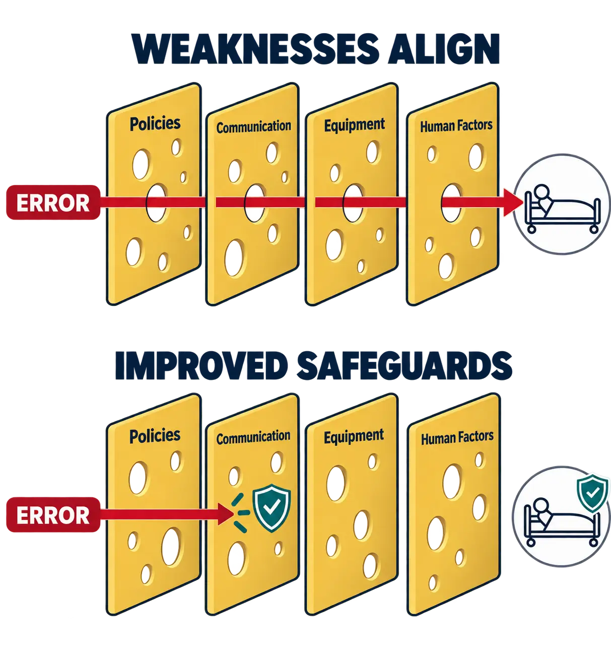 Swiss cheese model of error: top row, holes in four slices labeled Policies, Communication, Equipment, and Human Factors align, letting an arrow labeled Error pass straight through to a hospital bed icon. Bottom row, a shield checkmark blocks the hole in the Communication slice, stopping the Error arrow before it reaches the bed.