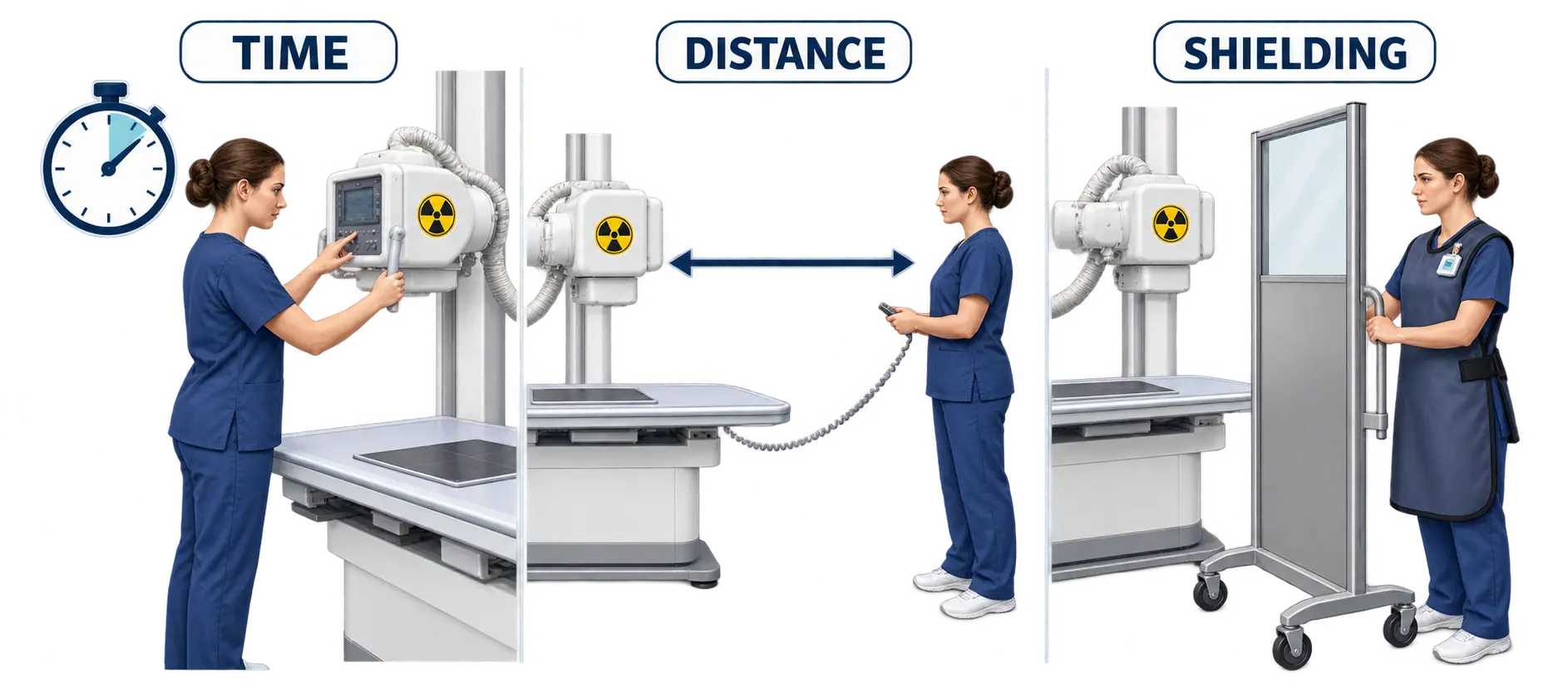 Three panels illustrate radiation safety principles: Time shows a worker minimizing exposure duration at an x-ray control panel; Distance shows a worker stepping back from the radiation source using a remote cord; Shielding shows a worker wearing a lead apron behind a protective barrier next to the x-ray machine.