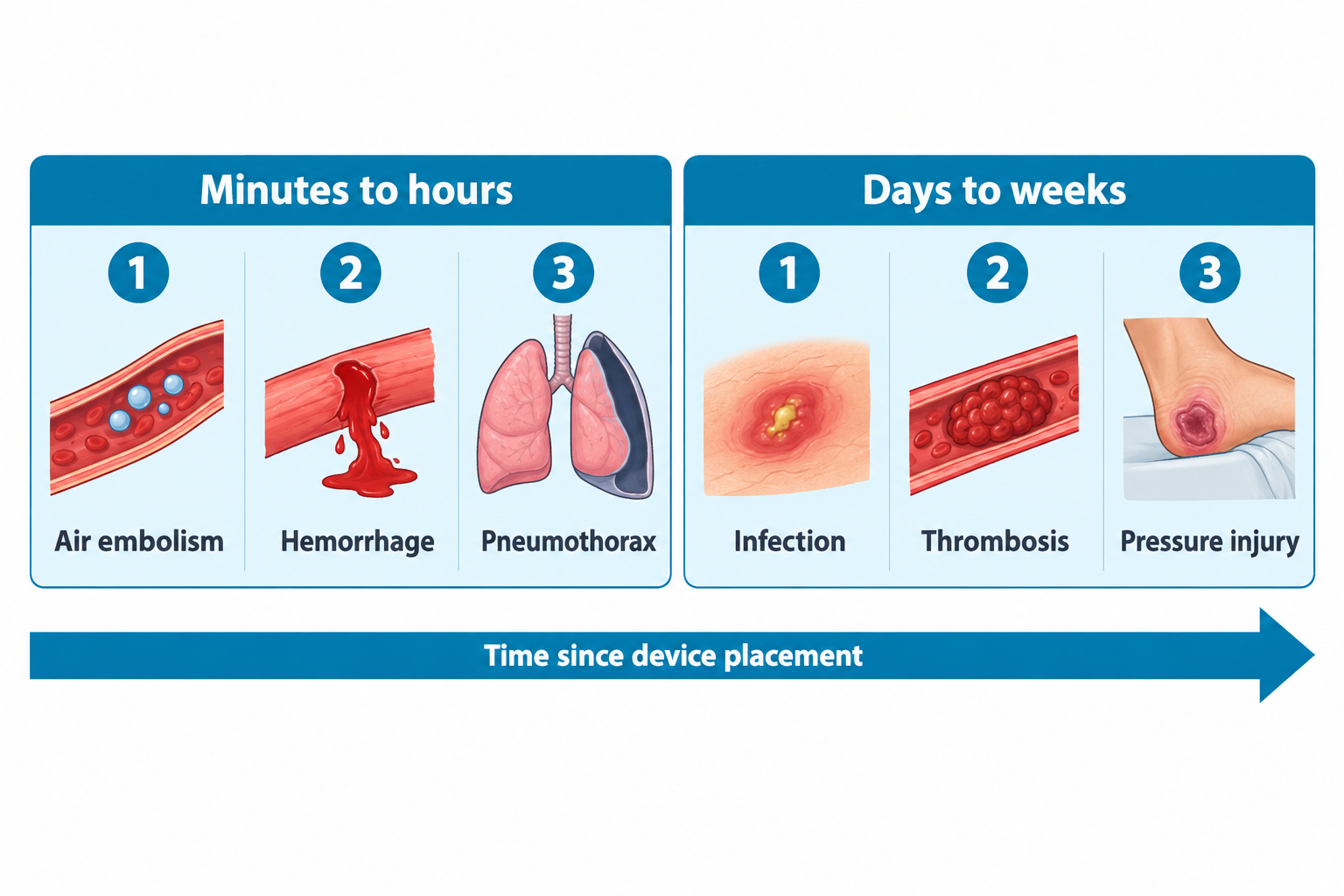 A two-panel timeline showing device-related complications. The 'Minutes to hours' panel depicts a blood vessel with air bubbles (air embolism), a vessel with blood pooling out (hemorrhage), and a pair of lungs with one side collapsed and darkened (pneumothorax). The 'Days to weeks' panel depicts inflamed skin with pus (infection), a blood vessel containing a clot (thrombosis), and a heel with a pressure ulcer (pressure injury). A bottom arrow labeled 'Time since device placement' spans both panels left to right.