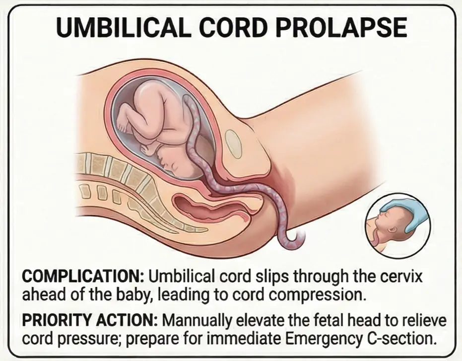 Birth complication where umbilical cord is delivered first and interrupt fetal blood supply