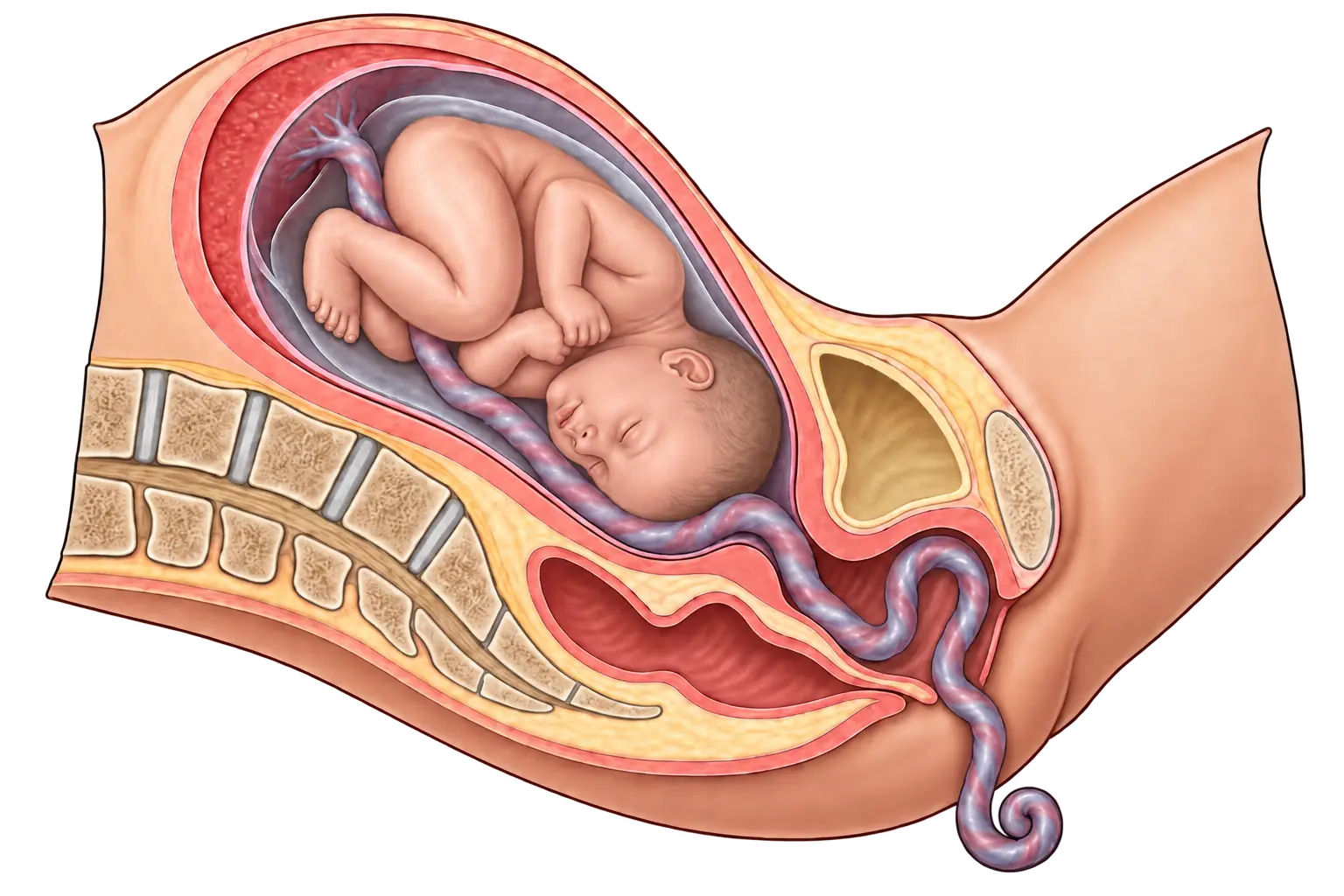 Cross-section of a pregnant abdomen showing a fetus curled head-down in the uterus, with the umbilical cord looping past the fetus's head and extending down through the cervix and vaginal canal, ahead of the baby.