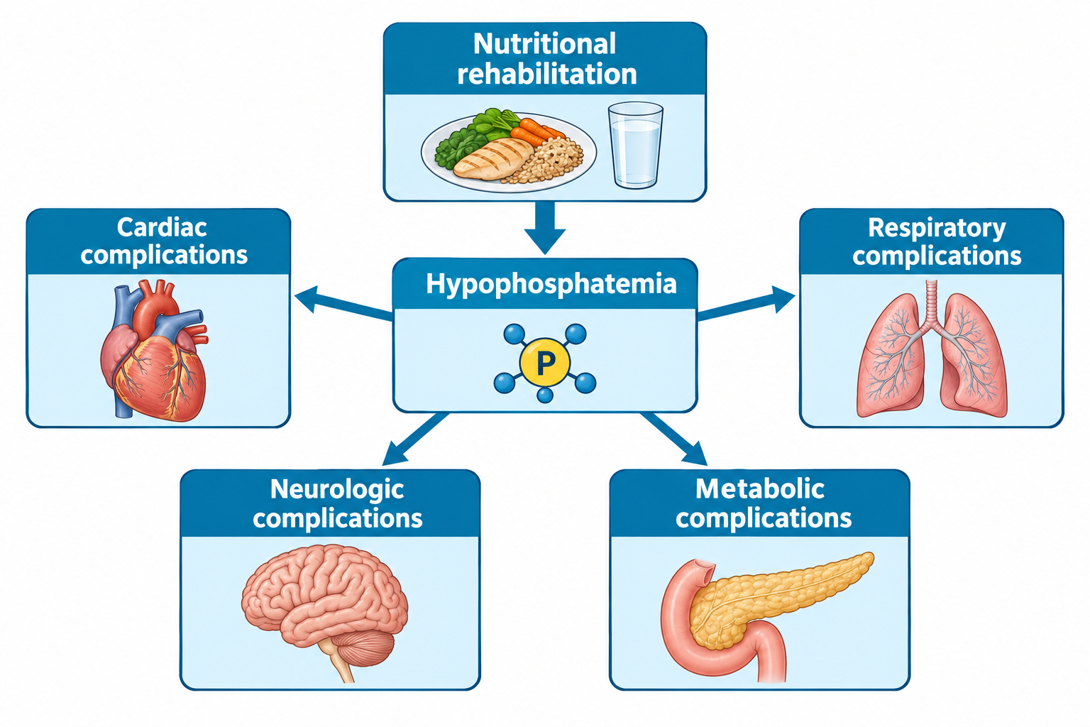 A flow diagram shows nutritional rehabilitation, depicted as a balanced meal of chicken, broccoli, carrots, rice, and water, leading with an arrow down to a central box labeled hypophosphatemia, shown with a phosphate molecule icon. From the hypophosphatemia box, arrows branch out to four complication categories: cardiac complications (illustrated with a heart), respiratory complications (illustrated with lungs), neurologic complications (illustrated with a brain), and metabolic complications (illustrated with a pancreas).