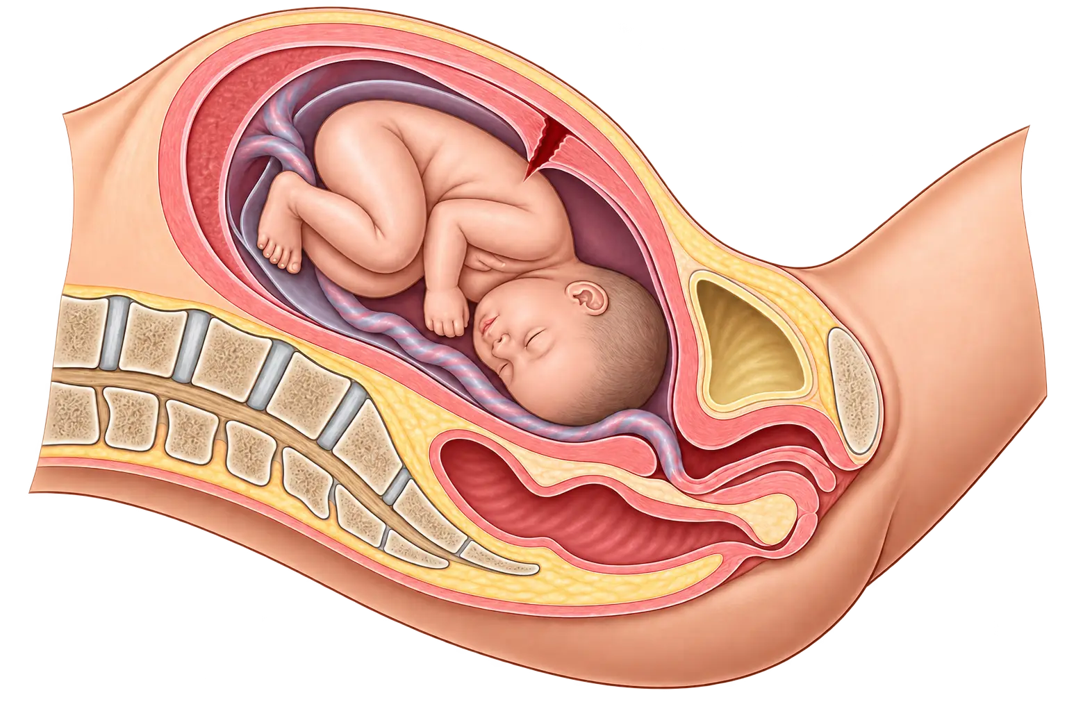 Cross-section of a pregnant abdomen showing a full-term fetus curled inside the uterus, with a visible tear in the upper uterine wall depicting a uterine rupture, alongside the spine, bladder, and vaginal canal.