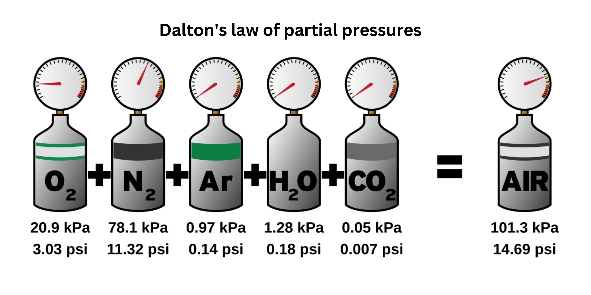 Partial pressures of main atmospheric gases at sea level