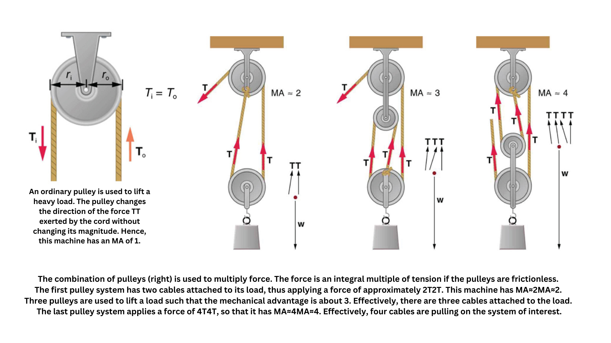 Pulley systems showing mechanical advantage from single and compound setups