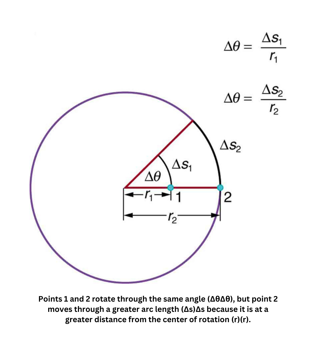 Rotation angle and arc length increase with radius in circular motion