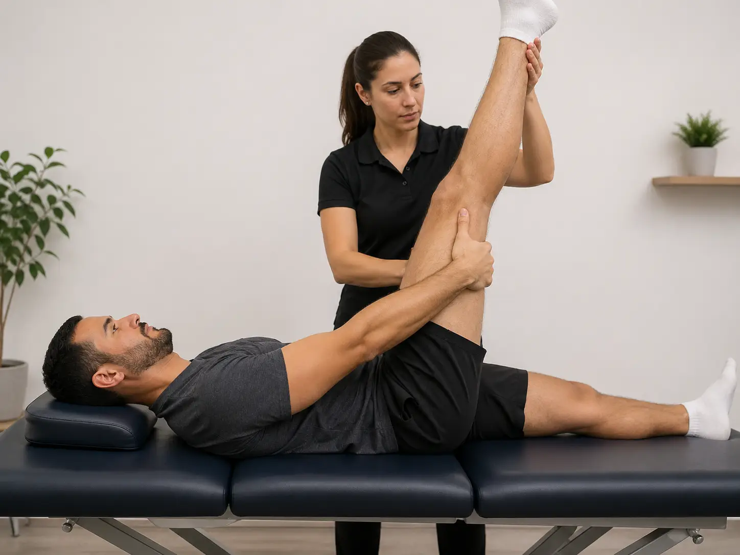 90-90 hamstring test with the patient supine, hip flexed to 90 degrees, and knee actively extended to assess hamstring flexibility.
