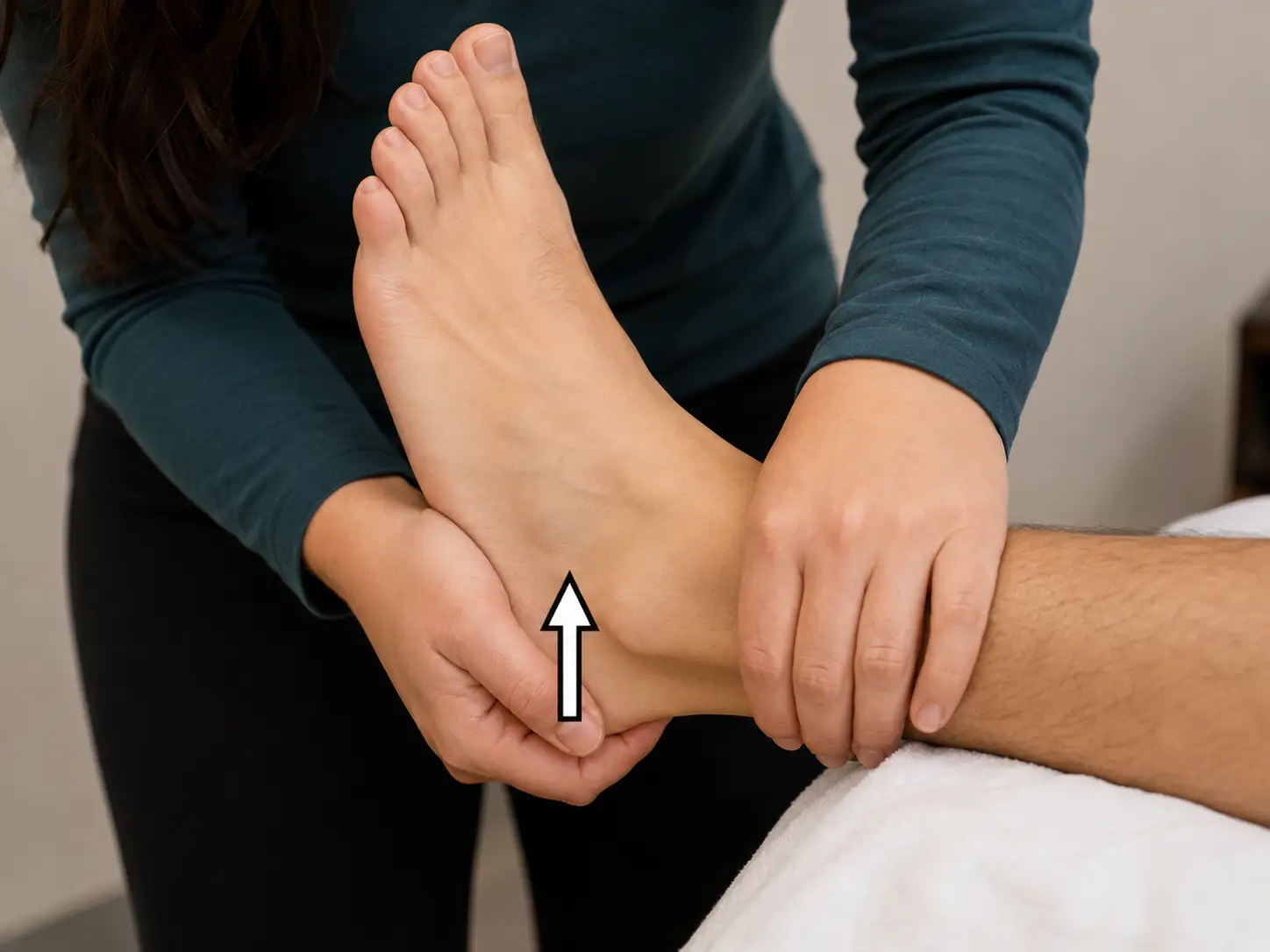 Clinician performing an anterior drawer test on a patient’s ankle while stabilizing the lower leg.