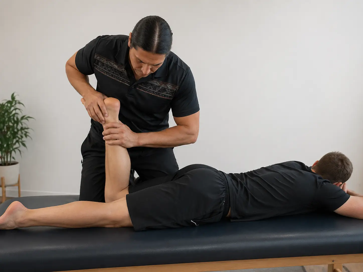 Apley's compression test with the patient prone and the knee flexed to 90 degrees while applying downward pressure with rotation to assess meniscal injury.