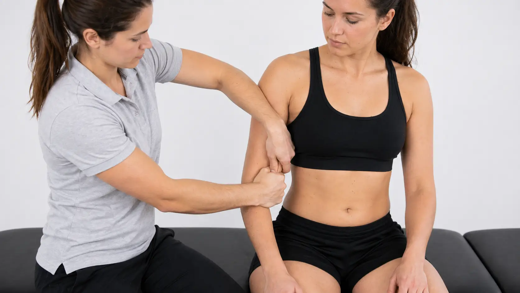 Biceps squeeze test in which the examiner squeezes the biceps muscle belly to assess for distal biceps tendon rupture.