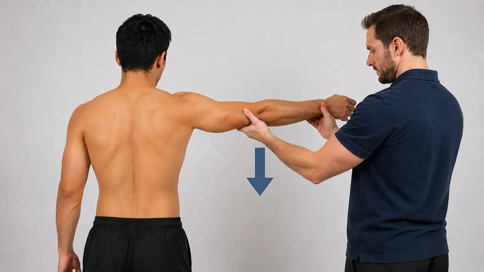 Drop arm test showing the patient unable to slowly lower the abducted arm, indicating a rotator cuff tear.