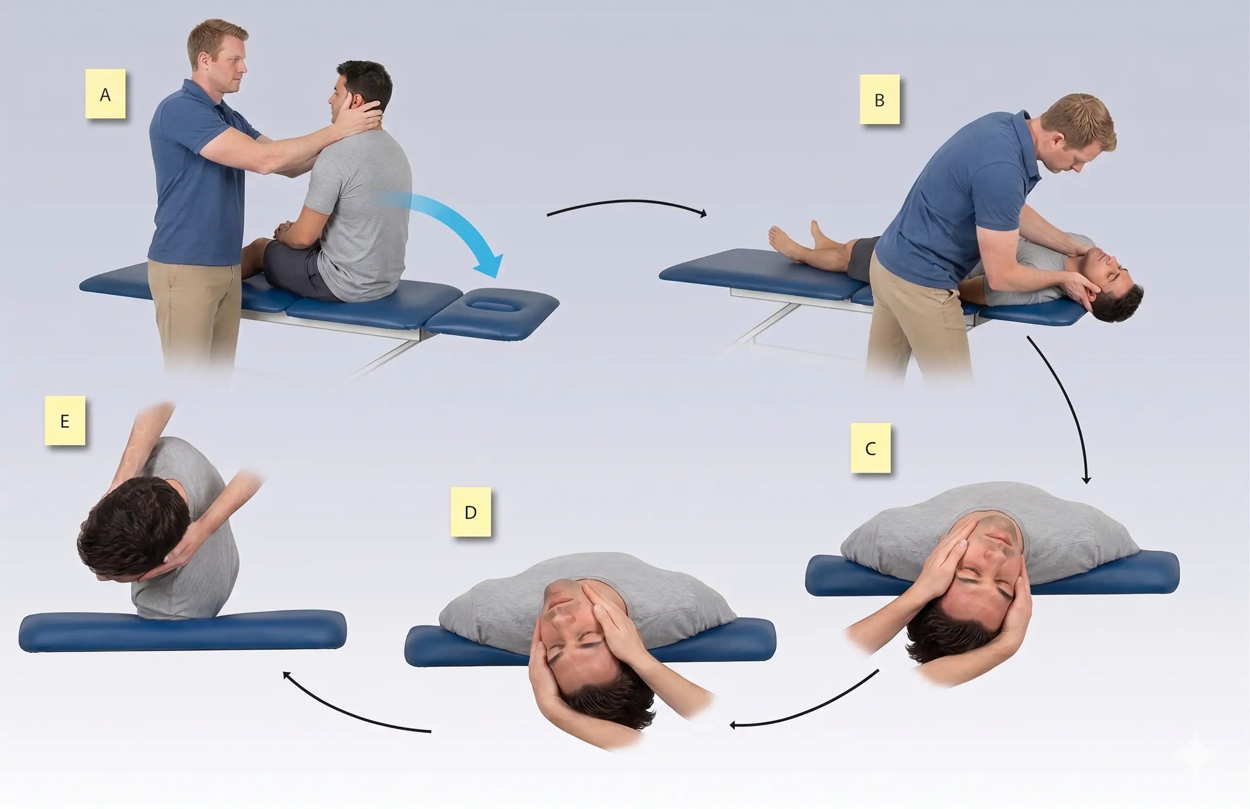 Epley maneuver illustrating the sequential head and body positions used to reposition displaced otoconia in the inner ear.