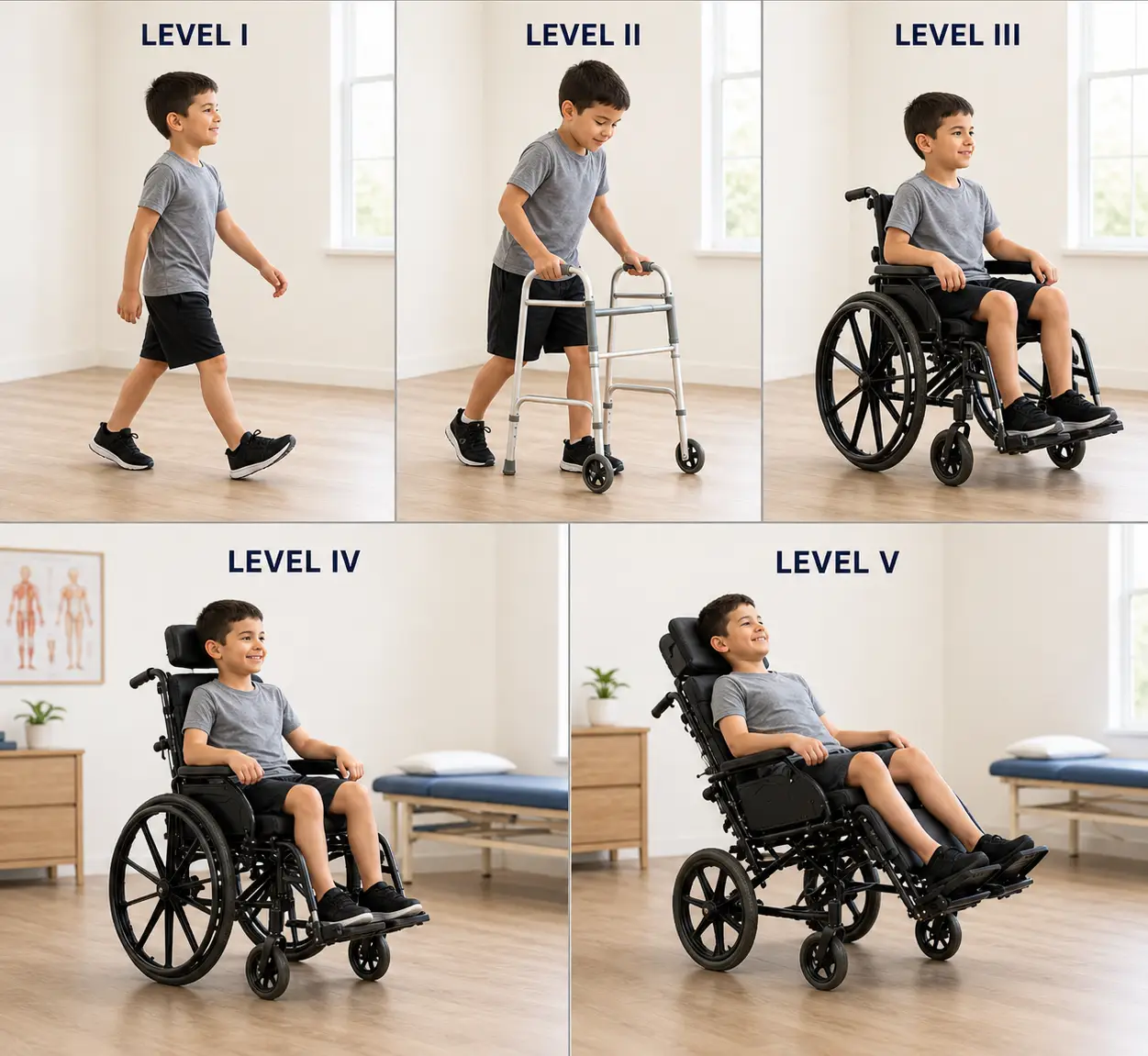 Gross Motor Function Measure assessment showing a child performing standardized motor tasks used to evaluate gross motor function in cerebral palsy.