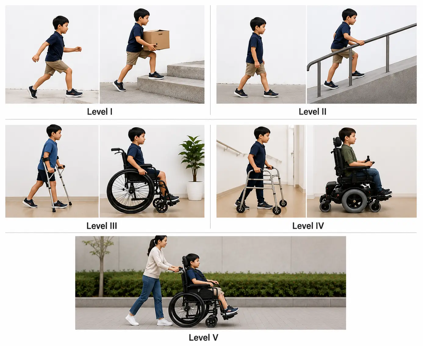 Illustration of the five GMFCS levels, showing increasing mobility limitations and use of assistive devices.