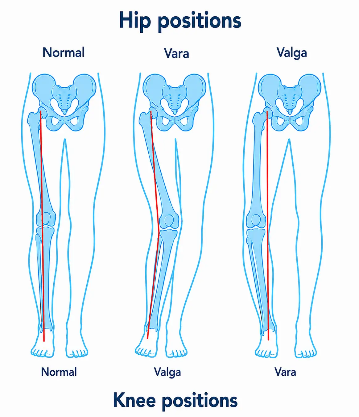 Normal, vara, and valga hip and knee positions.
