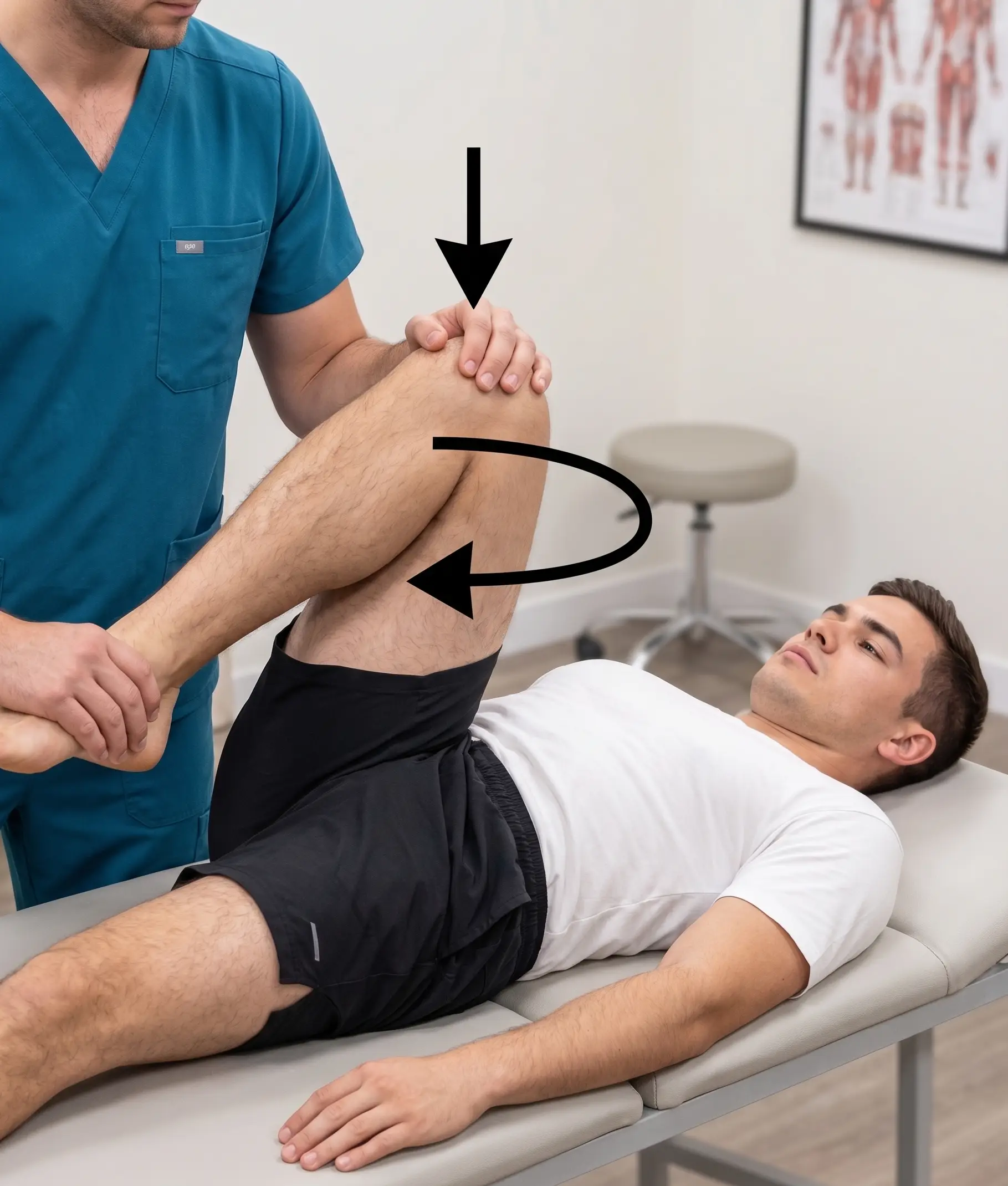 Hip scour test with the hip flexed and adducted while applying axial compression to assess for hip joint pathology.