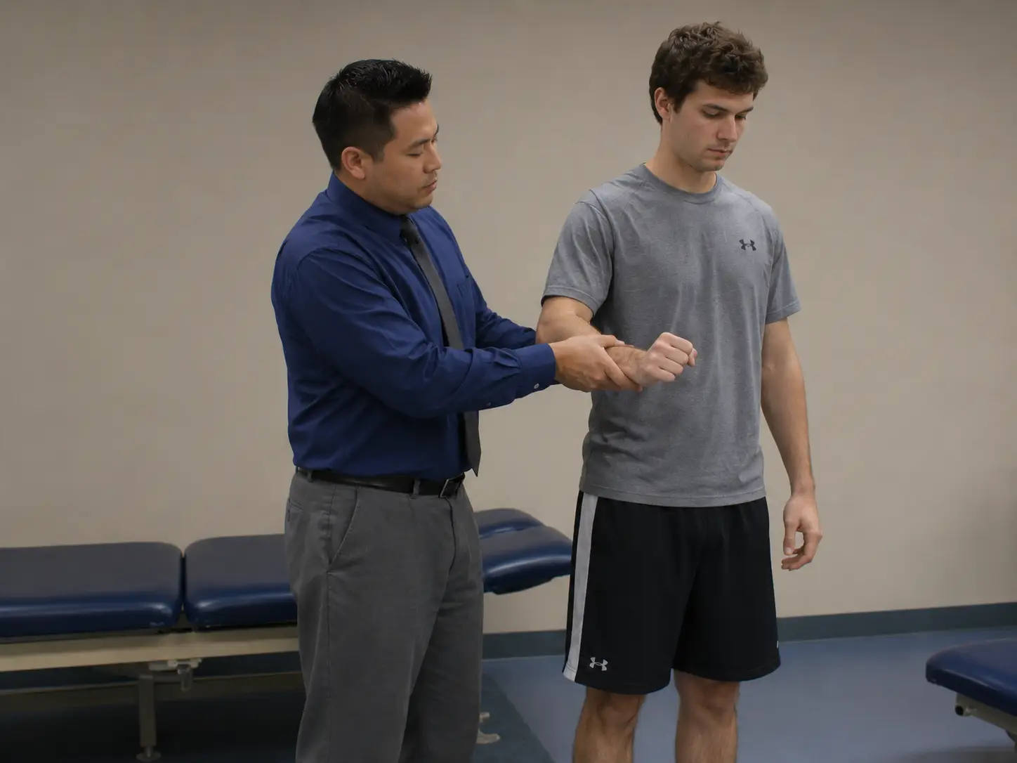 Therapist performing an infraspinatus muscle test on a standing patient in a clinical exam room.