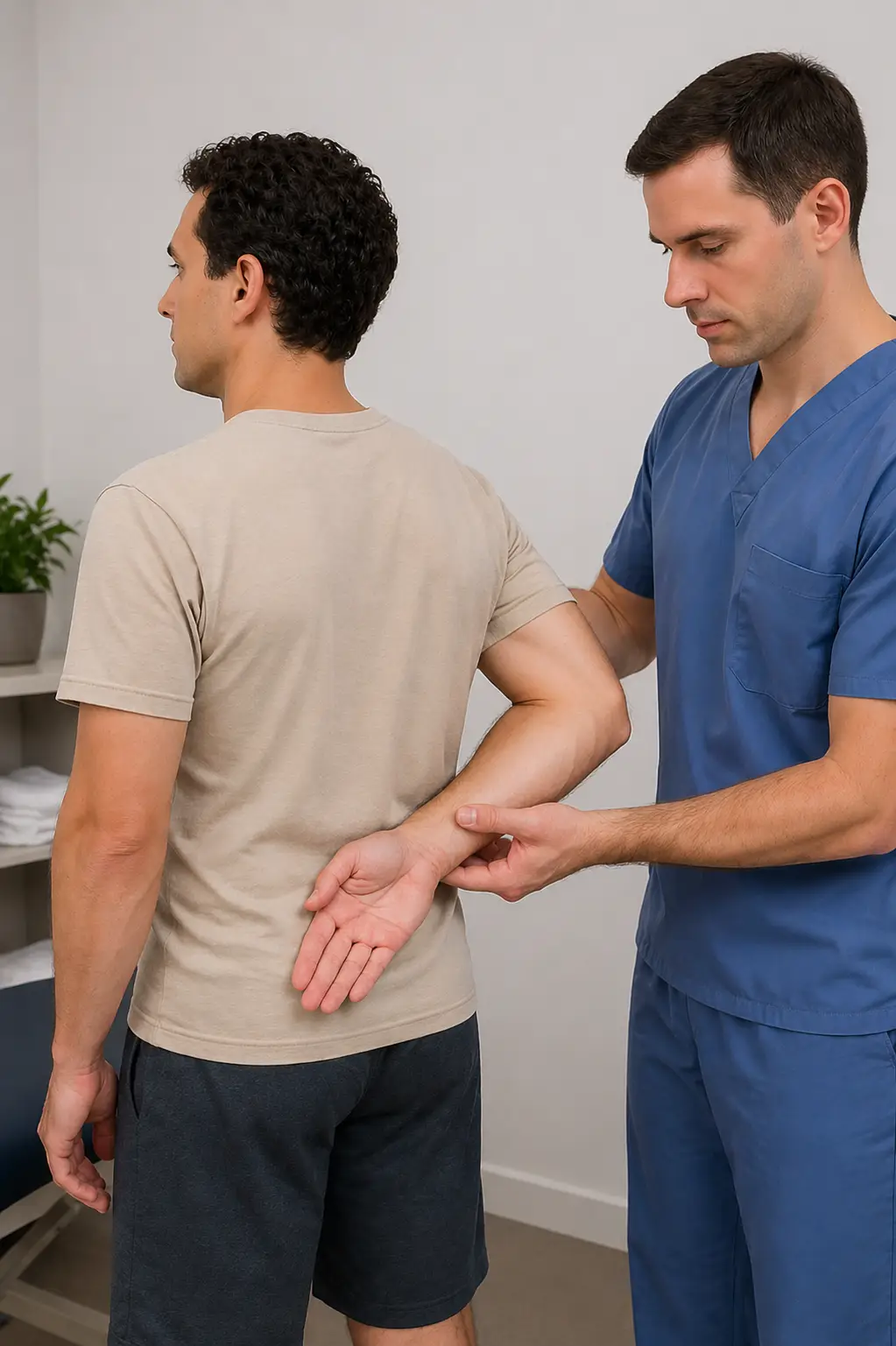 Internal rotation lag test with the hand placed behind the back and the patient unable to hold the hand away from the lumbar region.