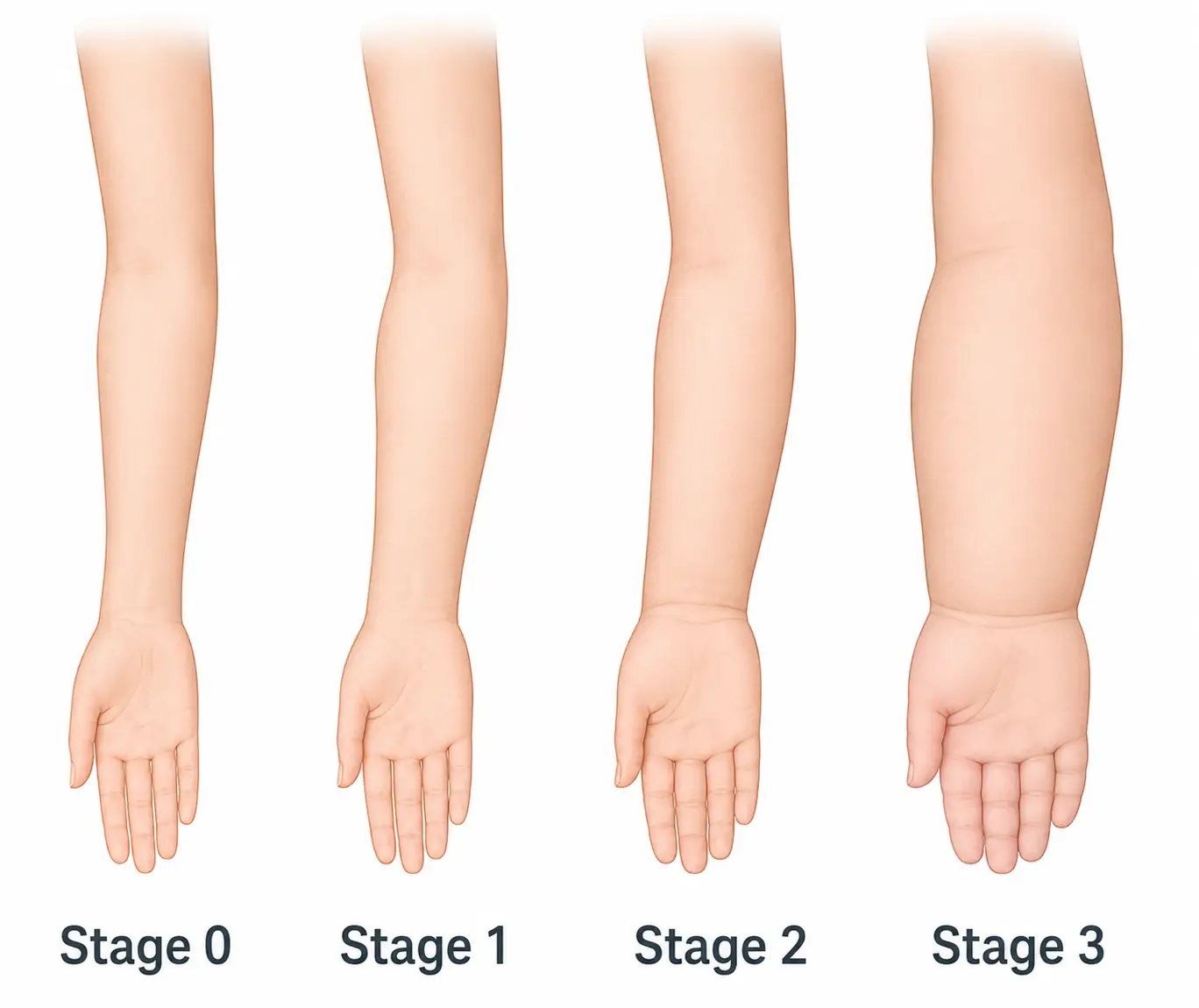 Lymphedema progression from Stage 0 to Stage 3, showing increasing arm and hand swelling.