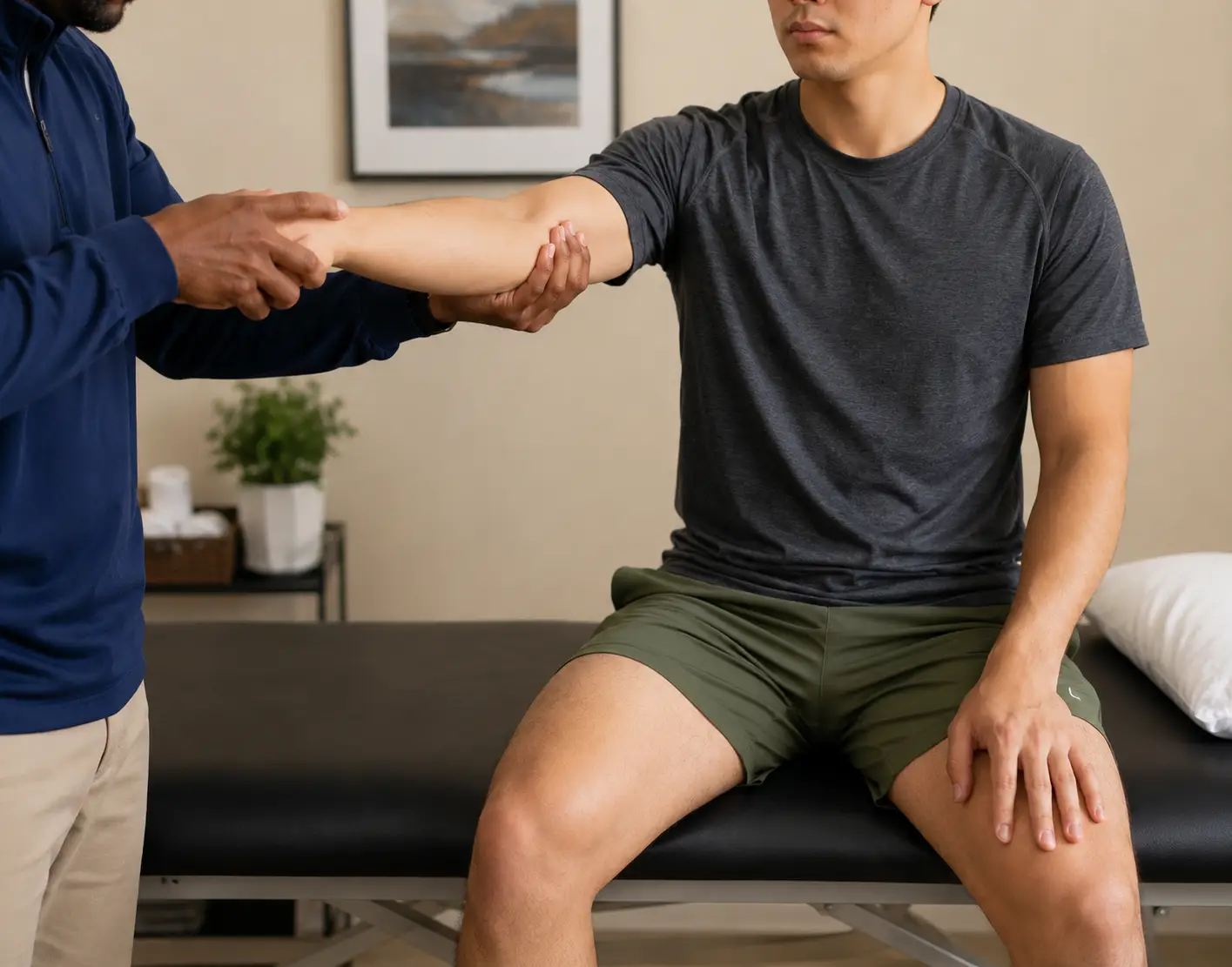 Therapist assesses elbow movement by guiding the patient's arm.