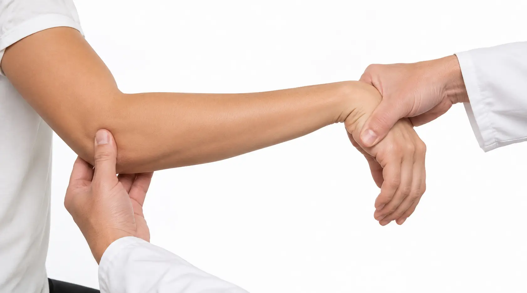 Therapist examines the patient's wrist with both hands.